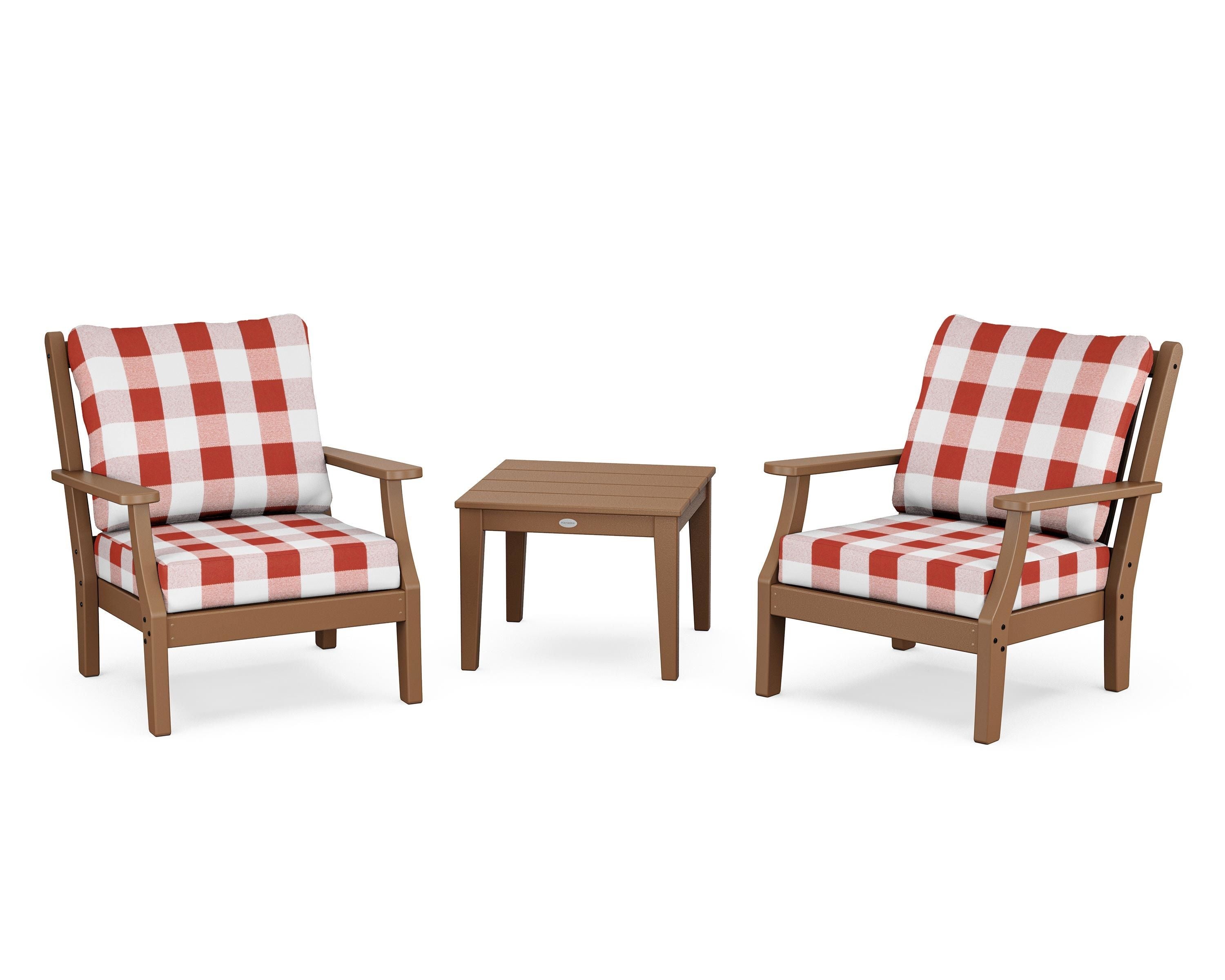 Country Living Wovendale 3-Piece Deep Seating Set in Teak / Buffalo Plaid Crimson