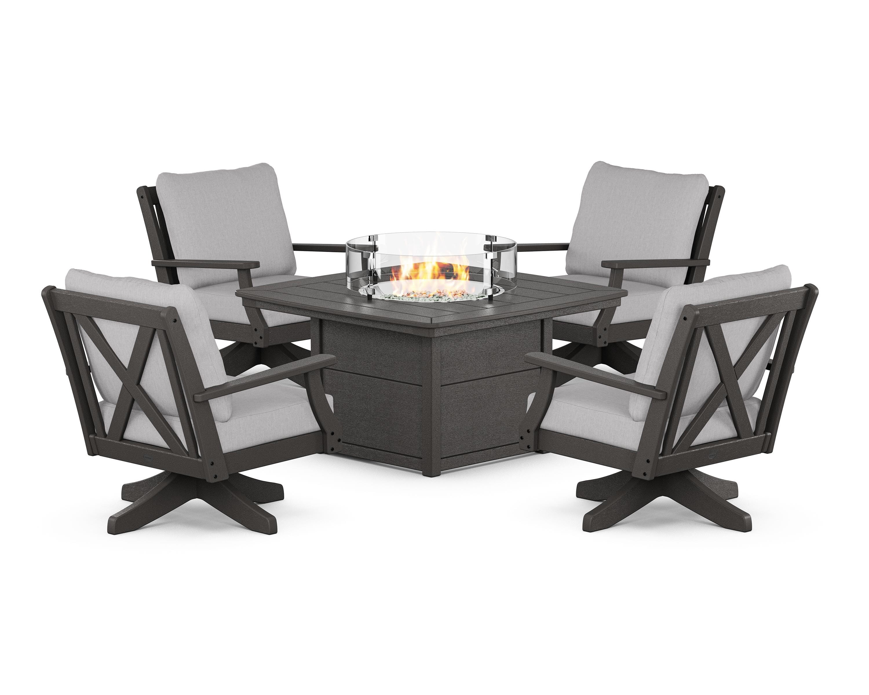POLYWOOD® Braxton 5-Piece Deep Seating Swivel Conversation Set with Fire Pit Table in Vintage Coffee / Granite
