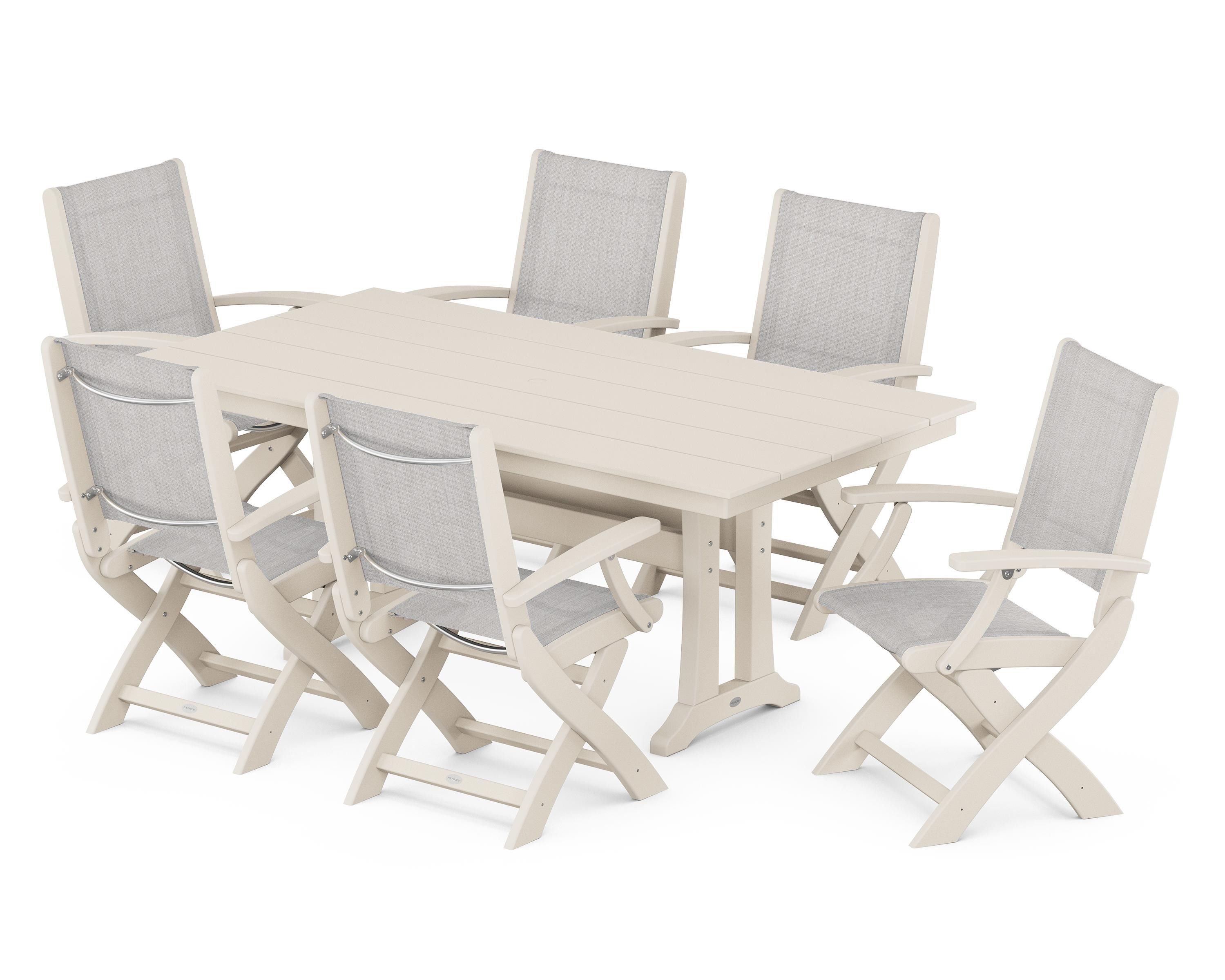 POLYWOOD® Coastal Folding Arm Chair 7-Piece Farmhouse Dining Set with Trestle Legs in Sand / Parchment Sling