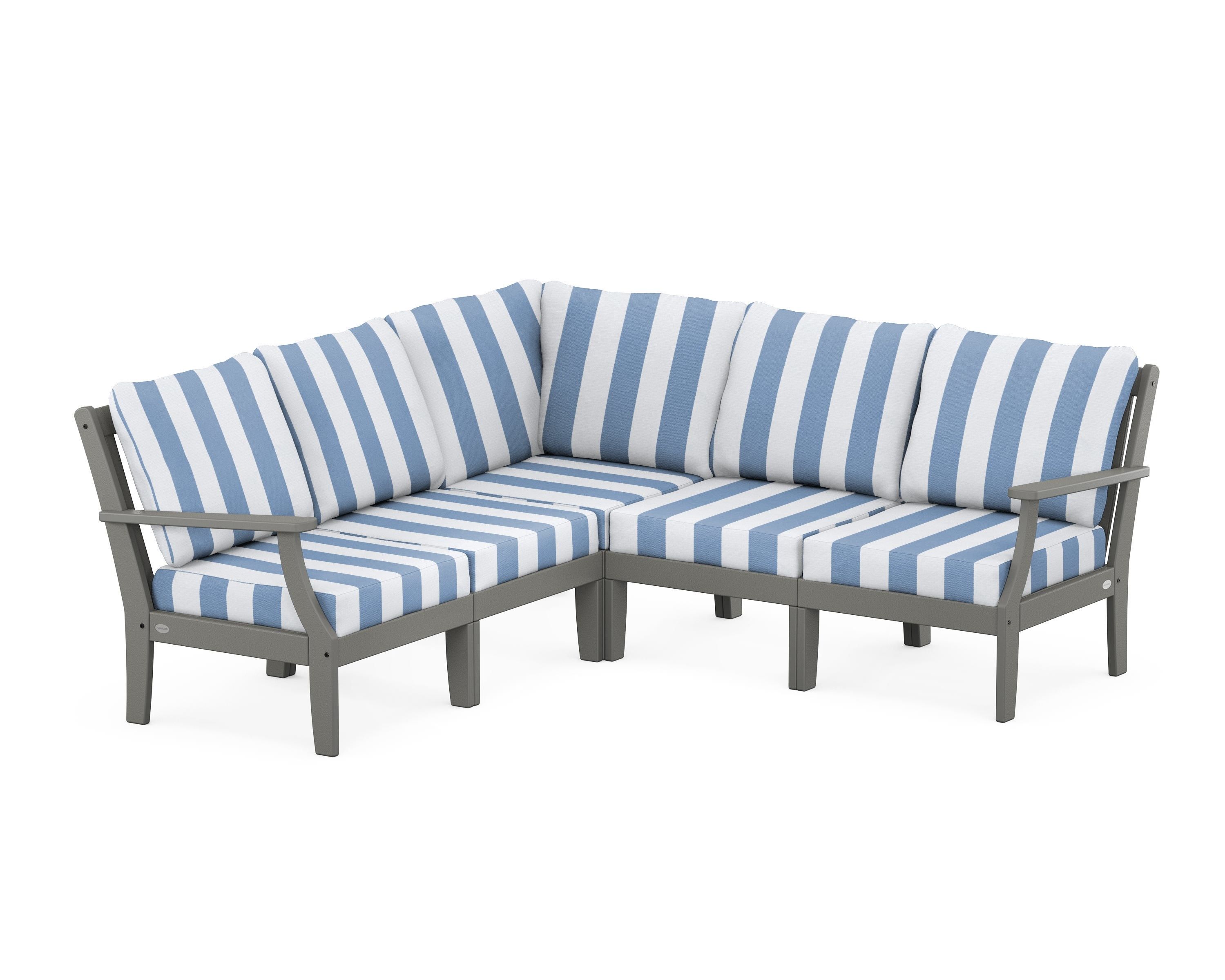 POLYWOOD® Braxton Modular 5-Piece Deep Seating Set in Slate Grey / Cabana Stripe Sky Blue