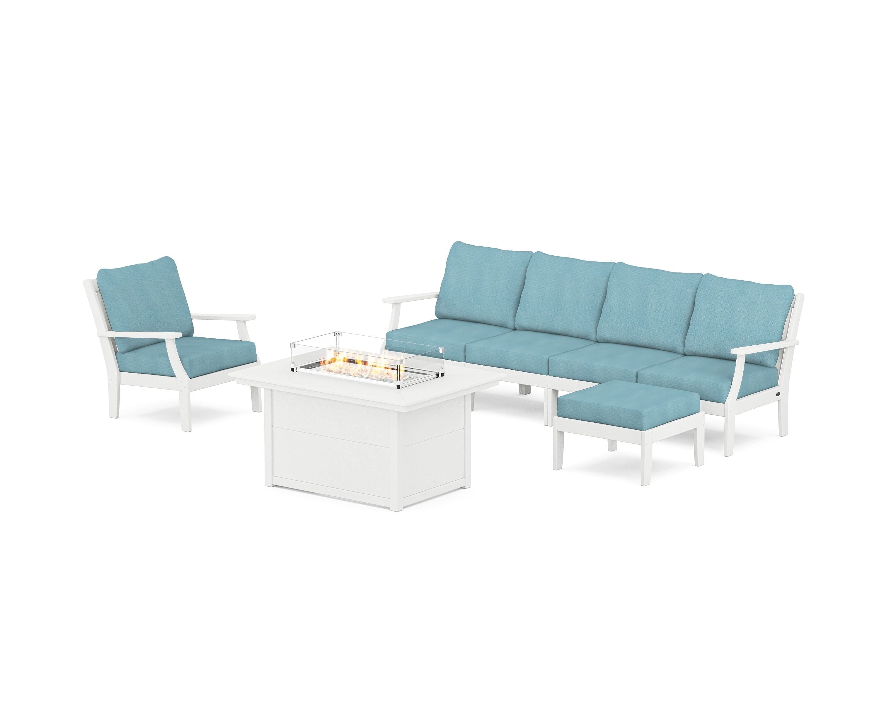 POLYWOOD® Braxton Sectional Lounge and Fire Pit Set in Vintage White / Lattice Sky Blue