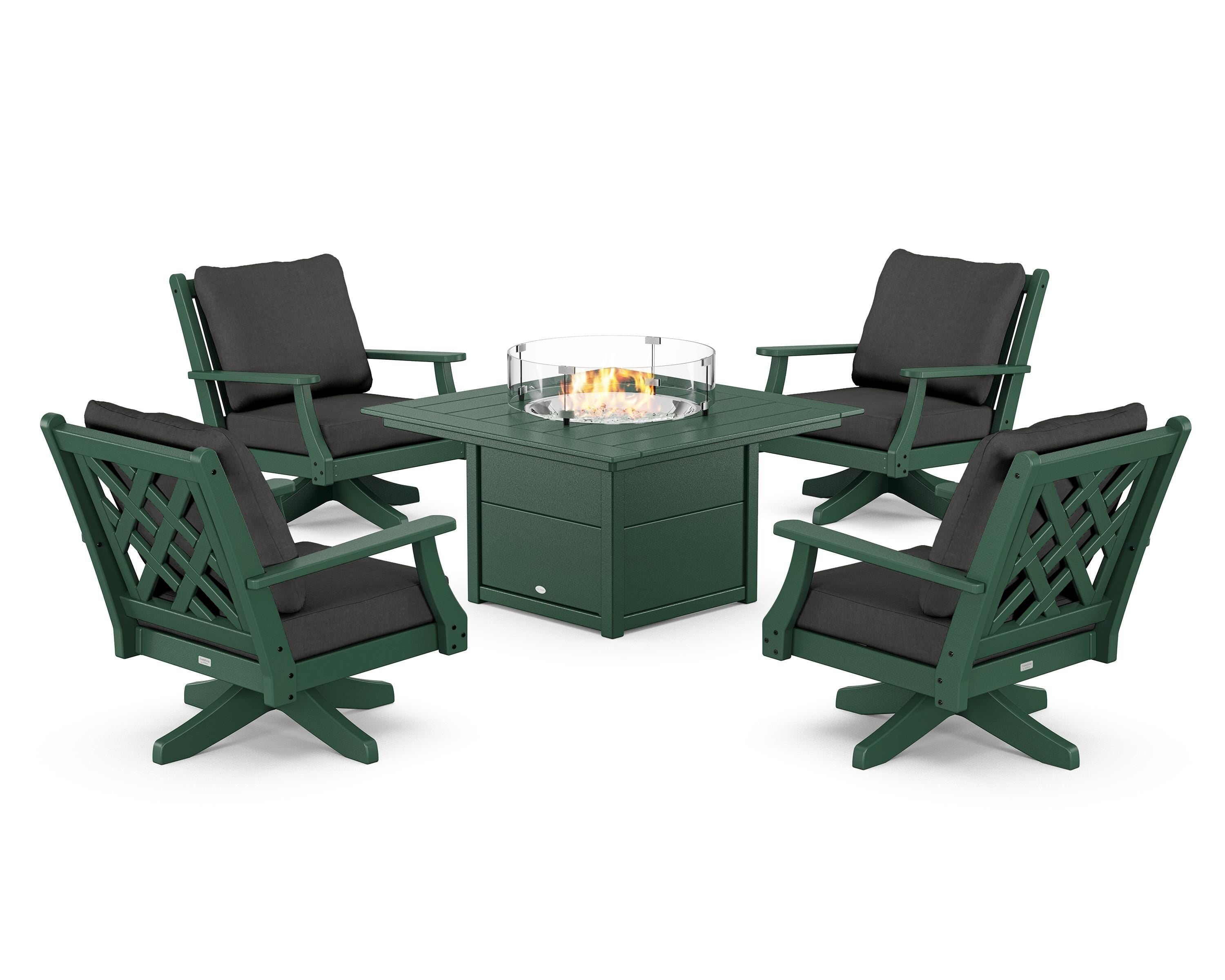 Country Living Wovendale 5-Piece Deep Seating Swivel Conversation Set with Fire Pit Table in Green / Spectrum Carbon