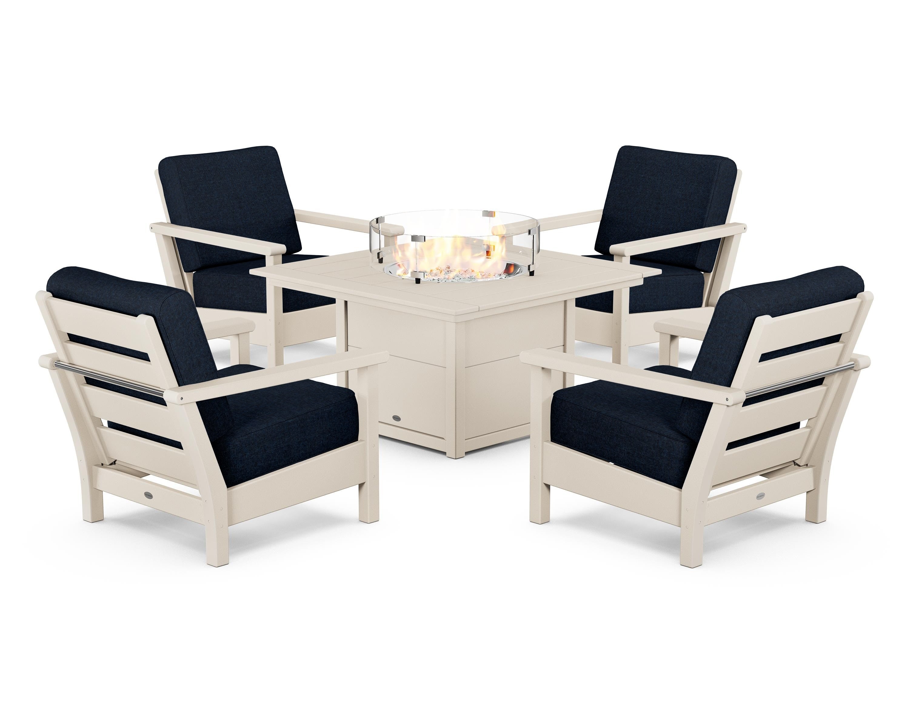 POLYWOOD® Harbour 5-Piece Conversation Set with Fire Pit Table in Sand / Marine Indigo