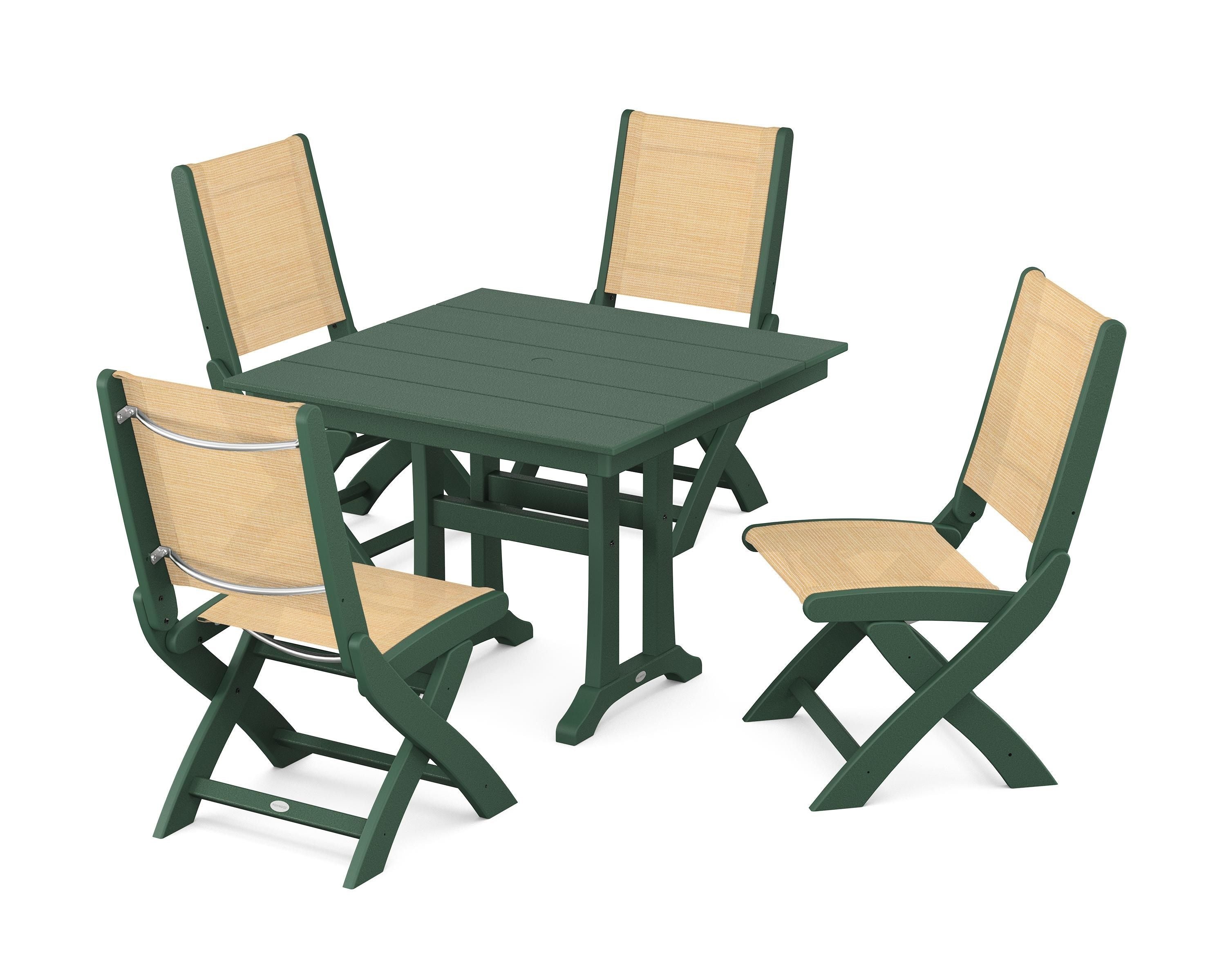 POLYWOOD® Coastal Folding Side Chair 5-Piece Farmhouse Dining Set With Trestle Legs in Green / Dupioni Apricot Sling