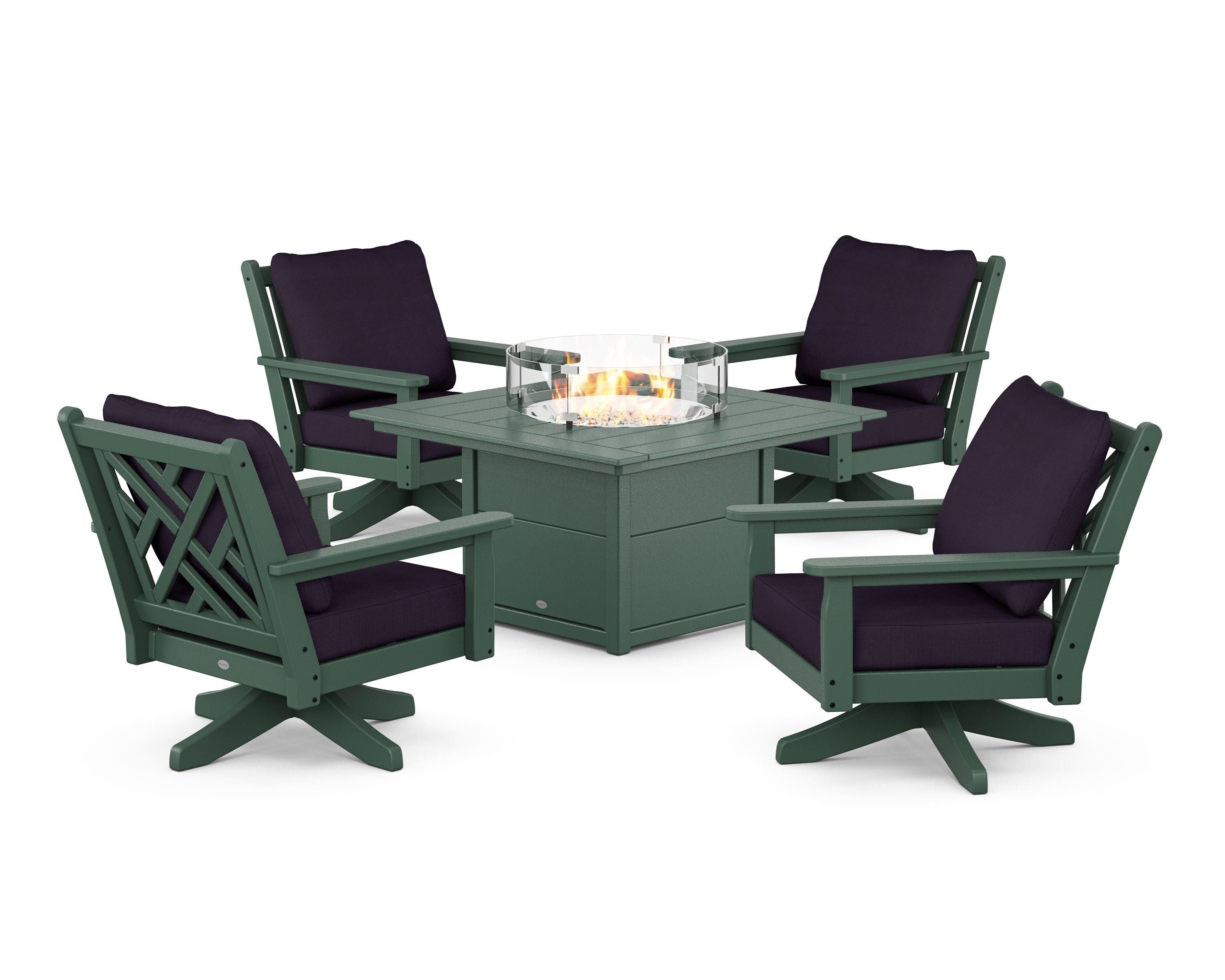POLYWOOD® Chippendale 5-Piece Deep Seating Swivel Conversation Set with Fire Pit Table in Green / Navy Linen