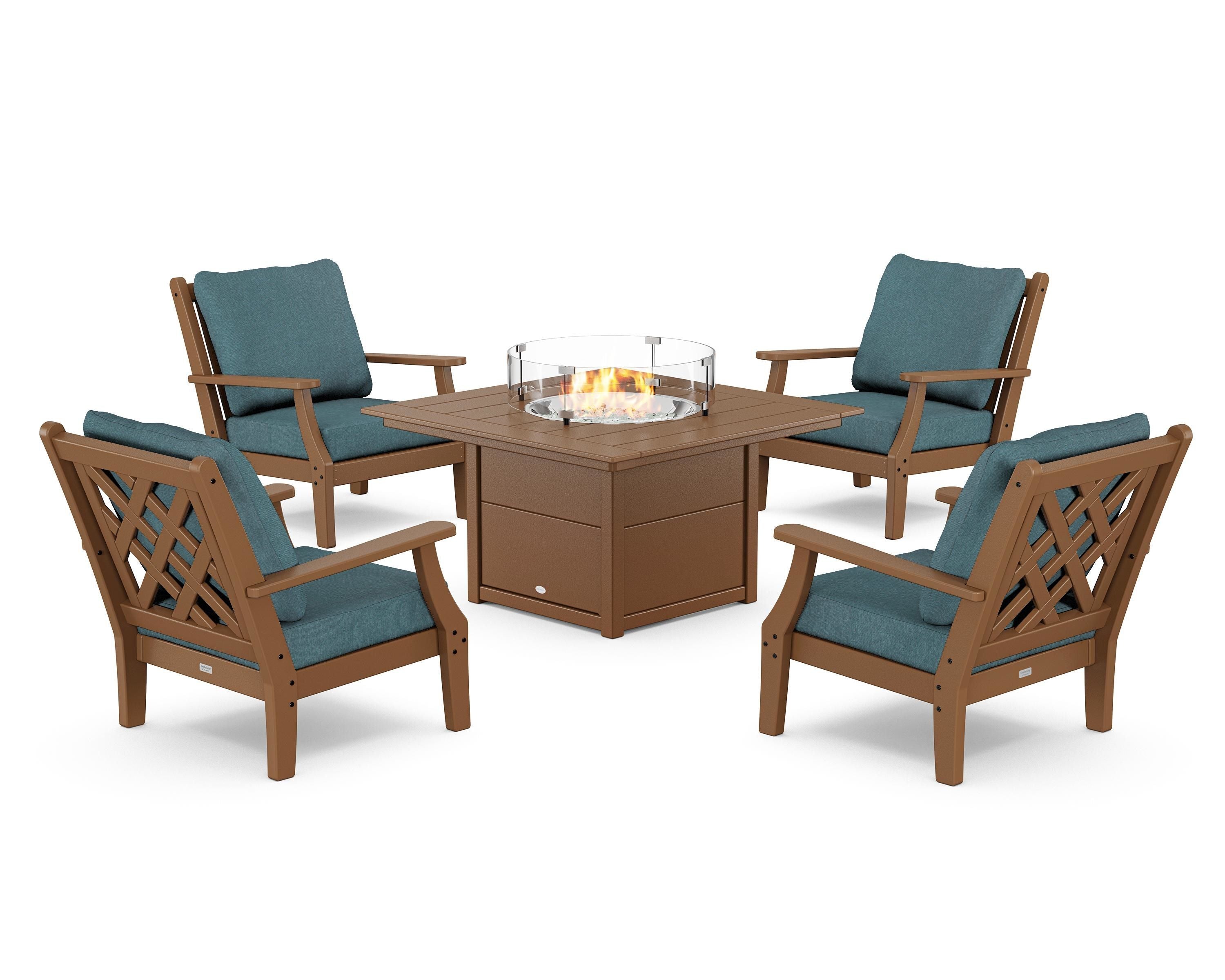 Country Living Wovendale 5-Piece Deep Seating Set with Fire Pit Table in Teak / Ocean Teal