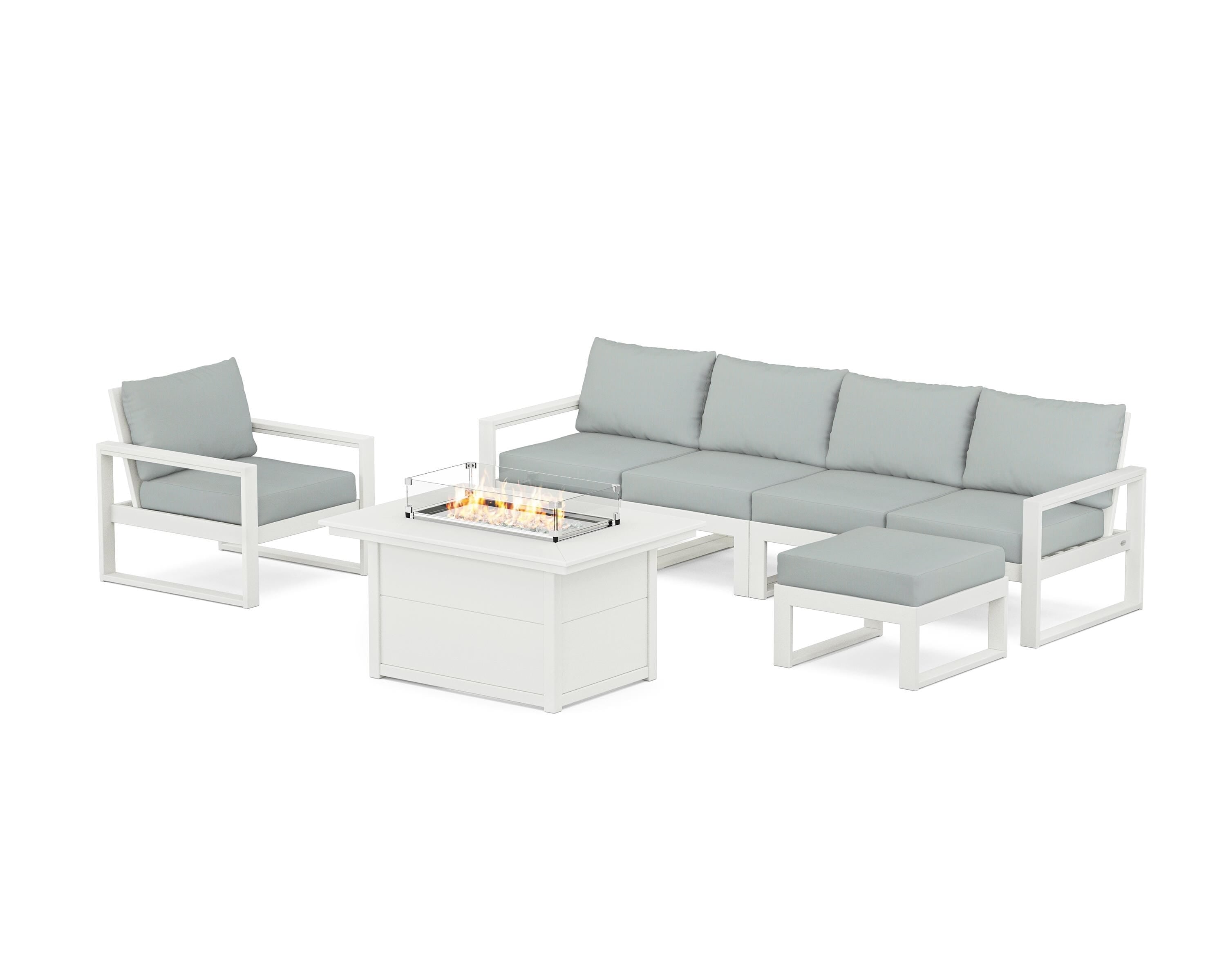 POLYWOOD® EDGE Sectional Lounge and Fire Pit Set in Vintage White / Spa