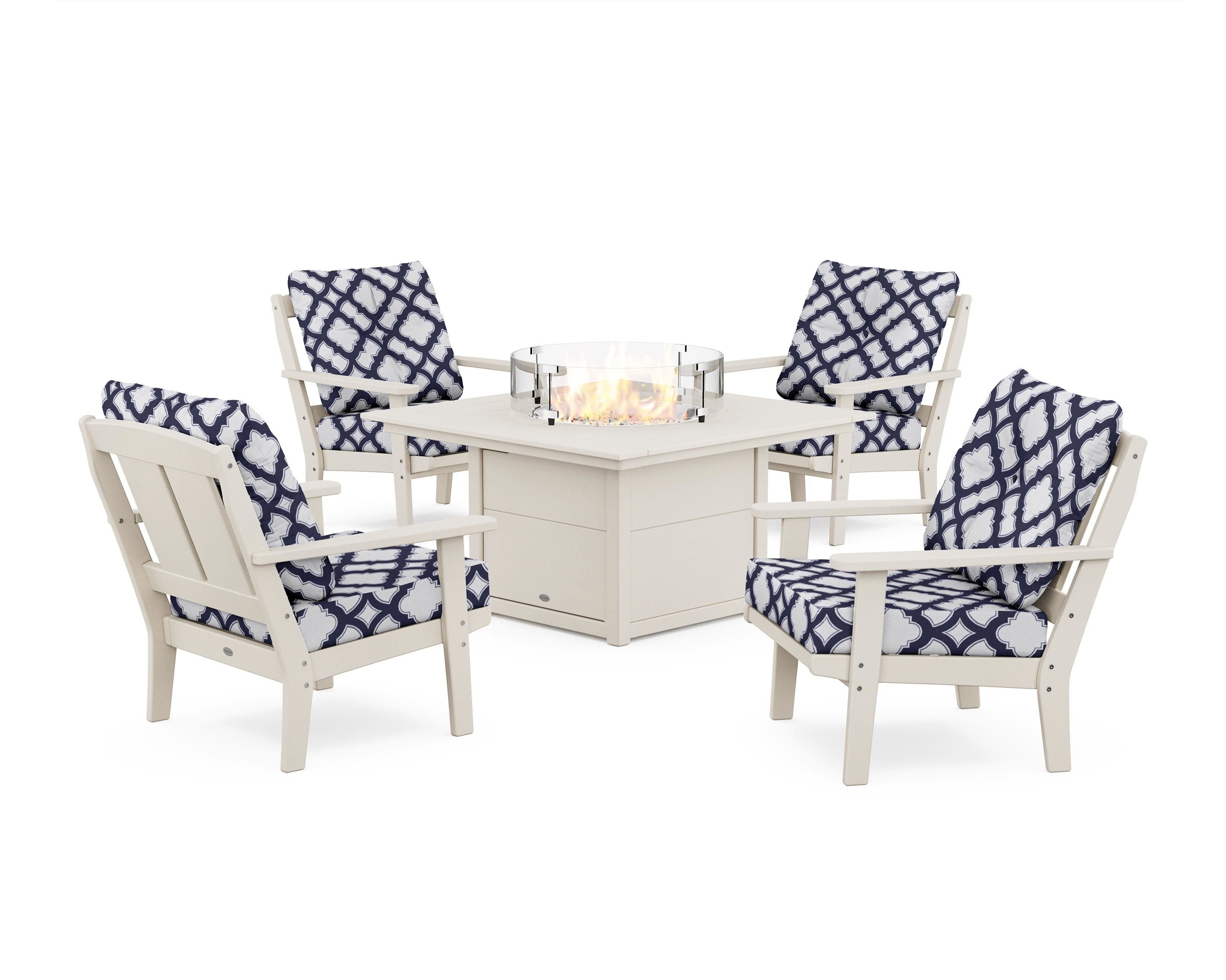 POLYWOOD® Mission 5-Piece Deep Seating Set with Fire Pit Table in Sand / Trellis Navy