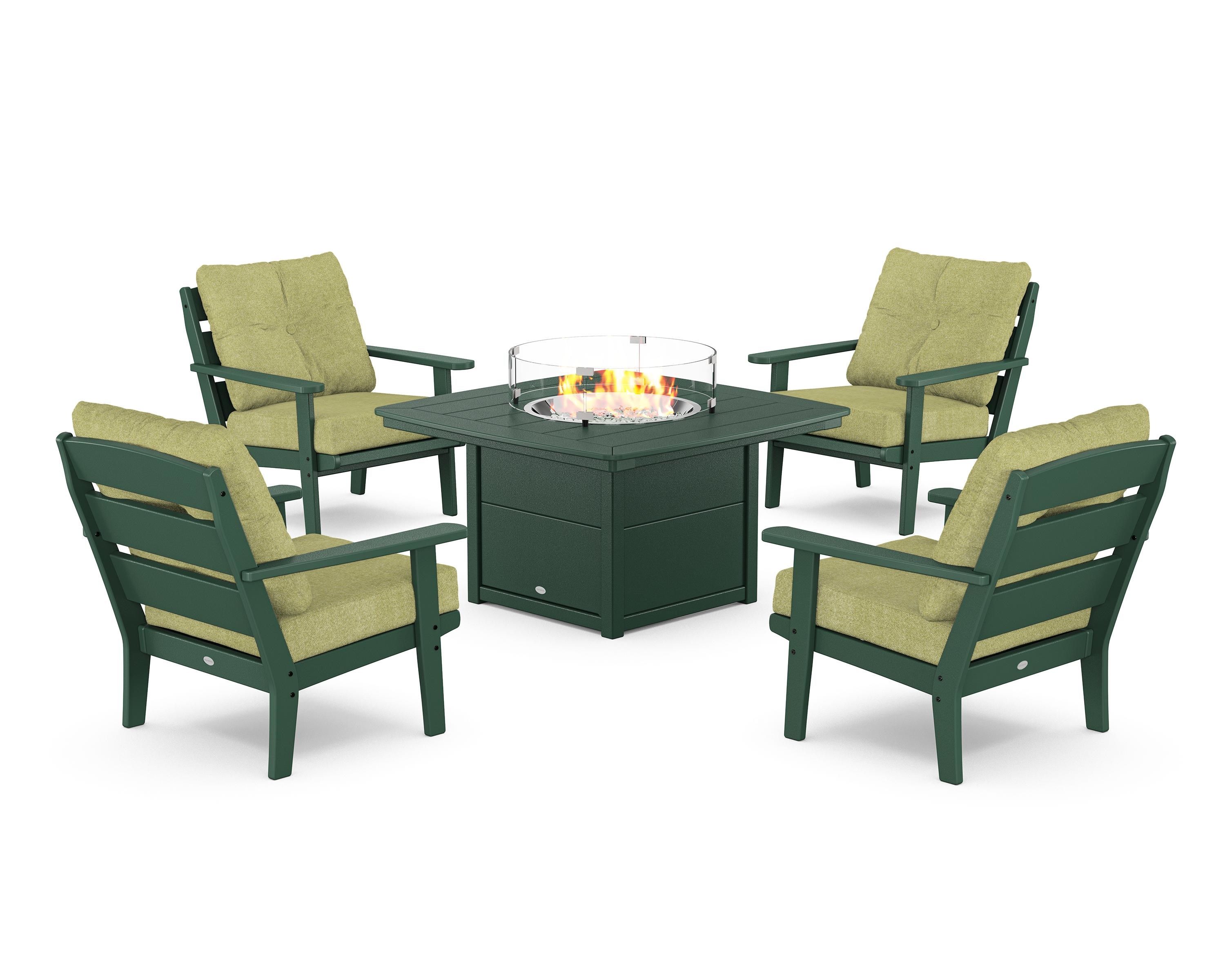 POLYWOOD® Lakeside 5-Piece Deep Seating Set with Nautical Fire Pit Table in Green / Chartreuse Boucle
