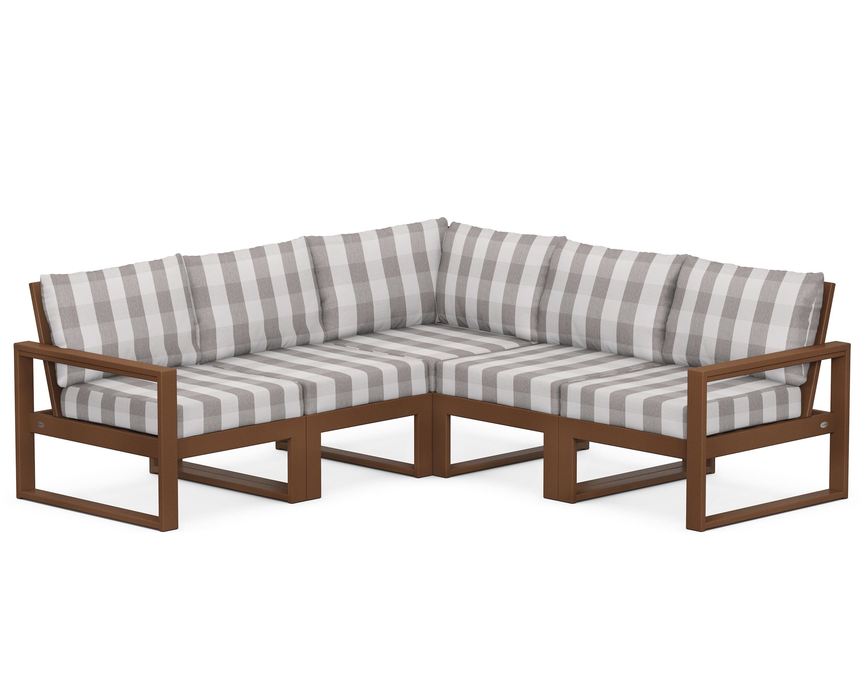 POLYWOOD® EDGE 5-Piece Modular Deep Seating Set in Teak / Buffalo Plaid Grey Mist