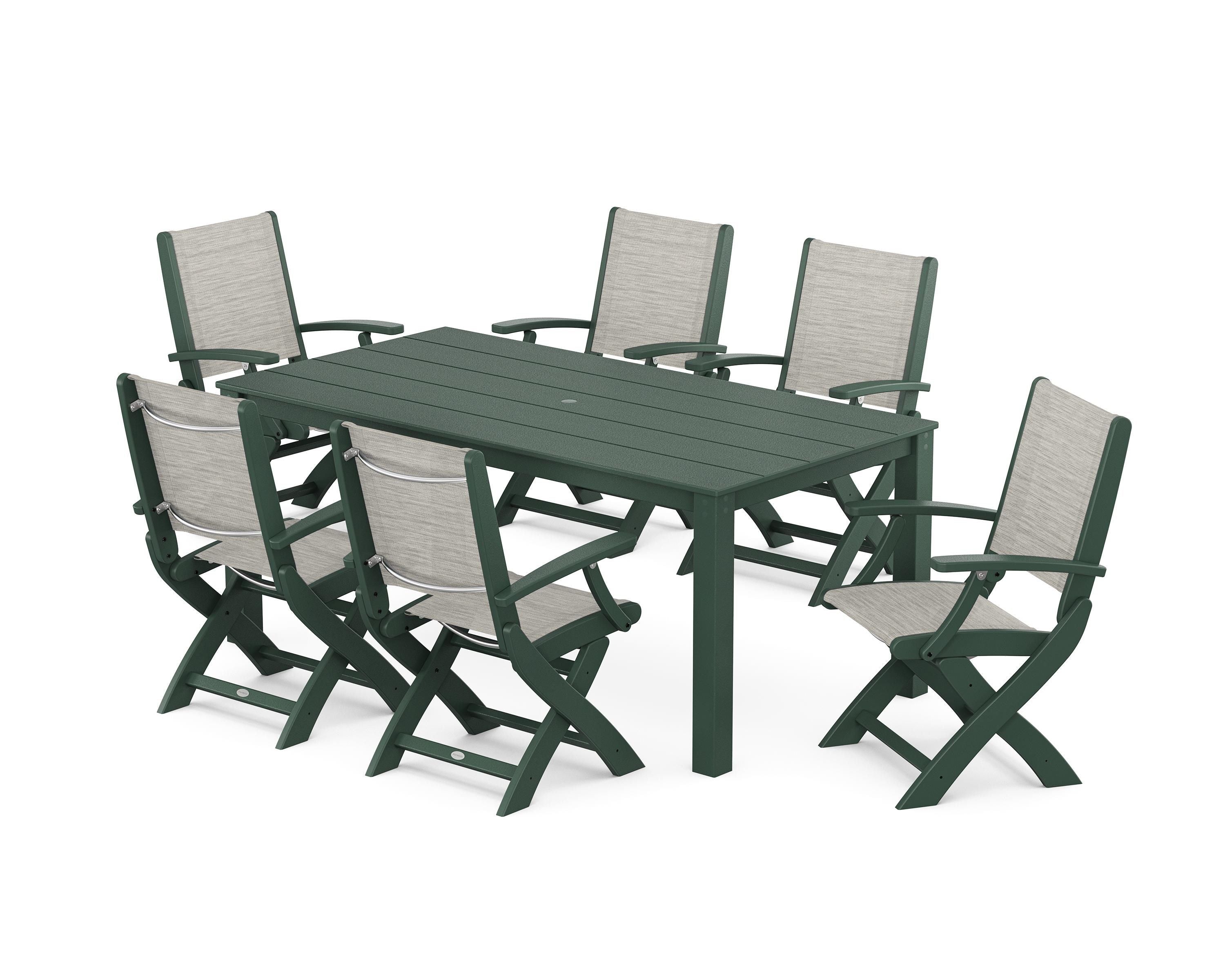 POLYWOOD® Coastal Folding Chair 7-Piece Parsons Dining Set in Green / Birch Sling