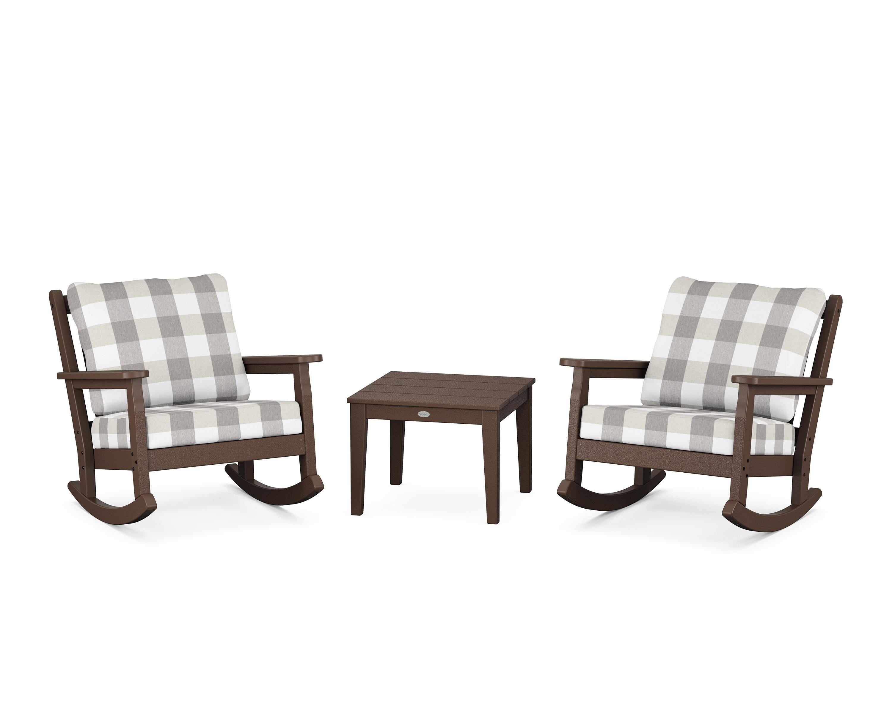 POLYWOOD® Chippendale 3-Piece Deep Seating Rocker Set in Mahogany / Buffalo Plaid Grey Mist