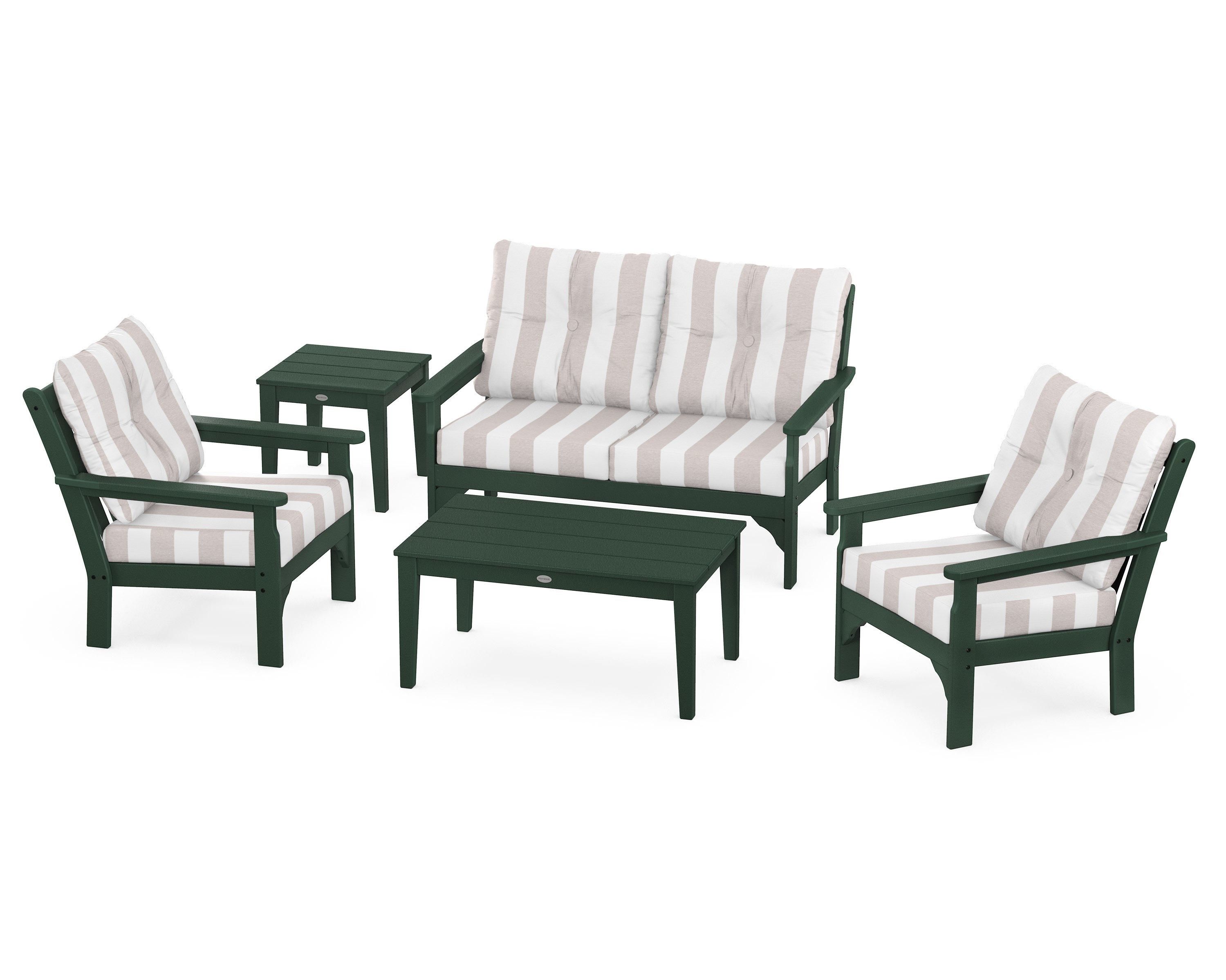 POLYWOOD® Vineyard 5-Piece Deep Seating Set in Green / Cabana Stripe Dune Burlap