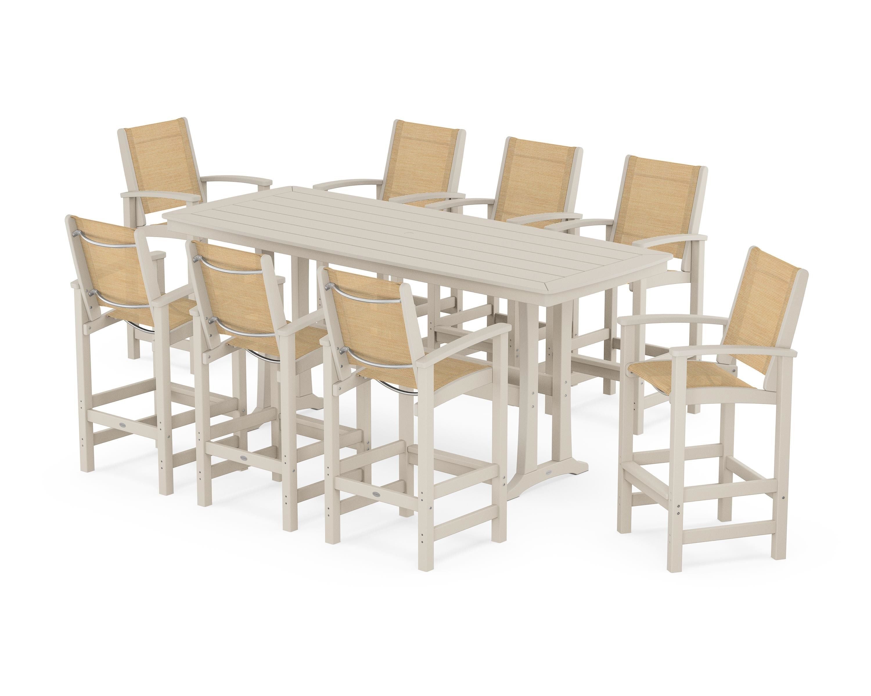 POLYWOOD® Coastal 9-Piece Bar Set with Trestle Legs in Sand / Dupioni Apricot Sling