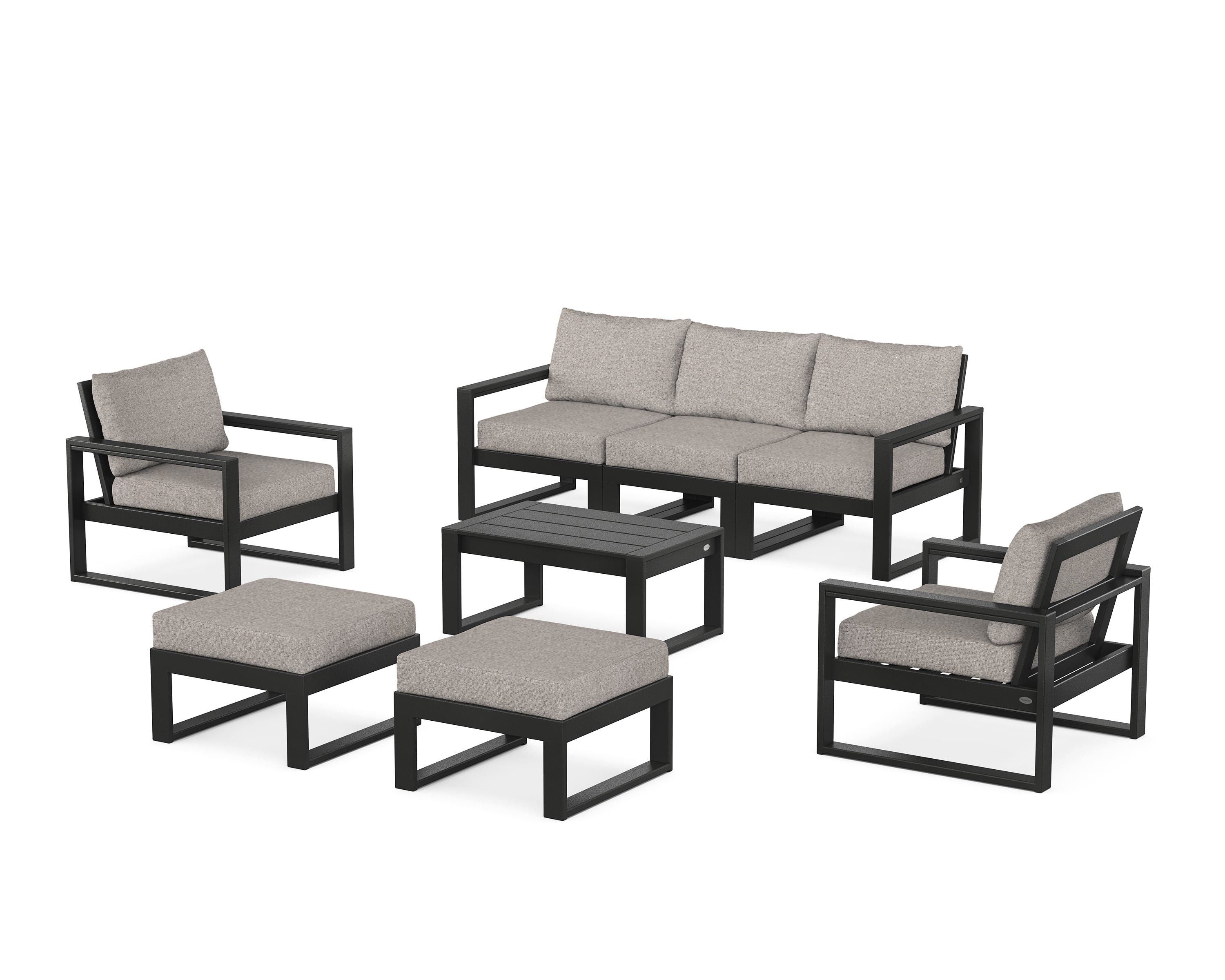 POLYWOOD® EDGE Sectional 8-Piece Lounge Sofa Set in Black / Weathered Tweed