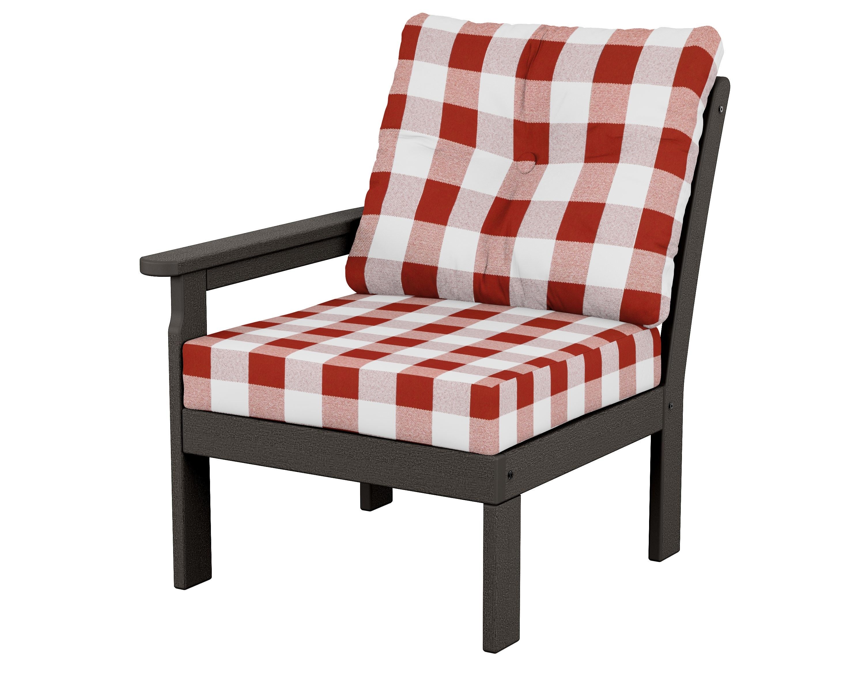 POLYWOOD® Vineyard Modular Left Arm Chair in Vintage Coffee / Buffalo Plaid Crimson