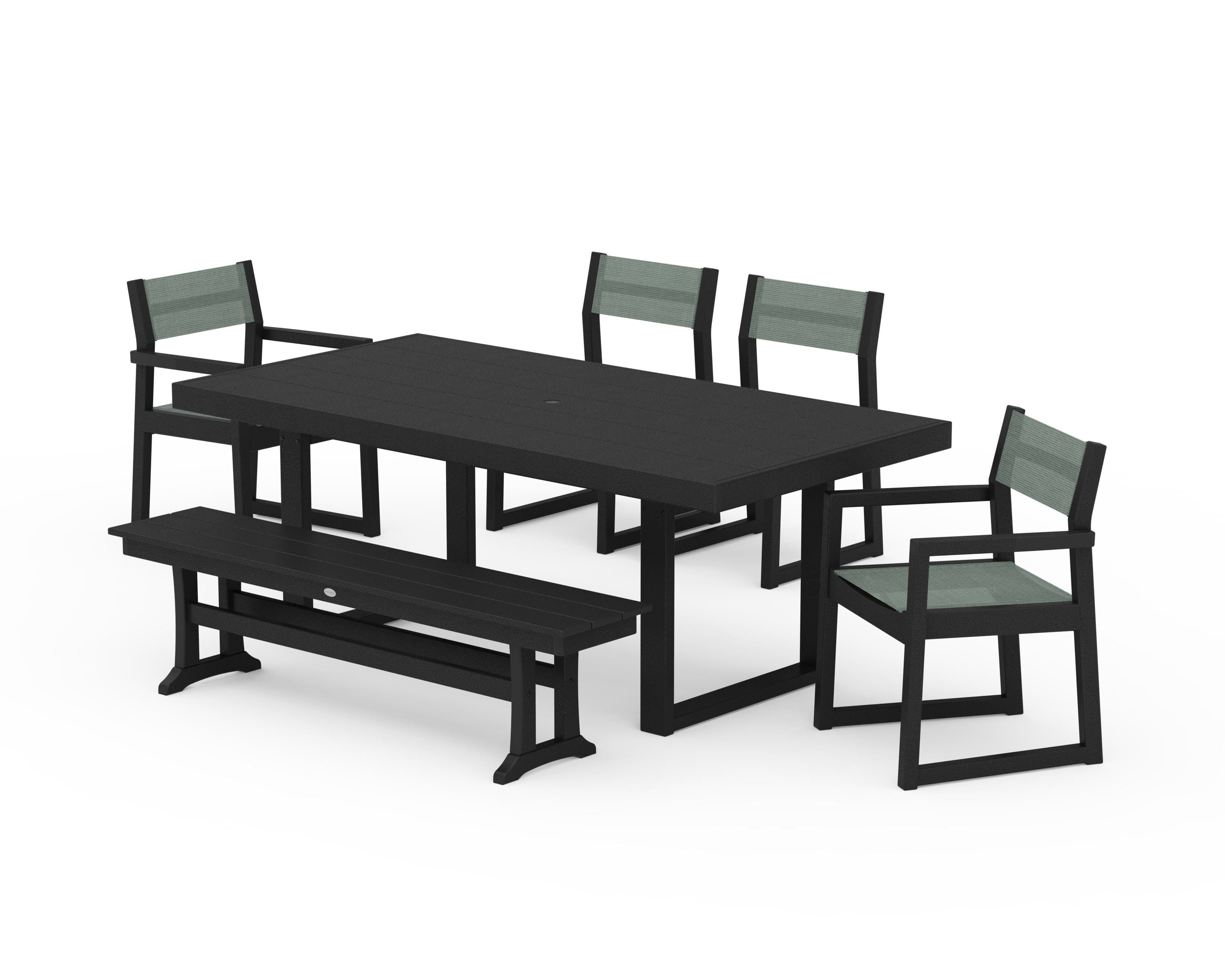 POLYWOOD® EDGE Sling 6-Piece Dining Set with Bench in Black / Dupioni Sea Mist Sling