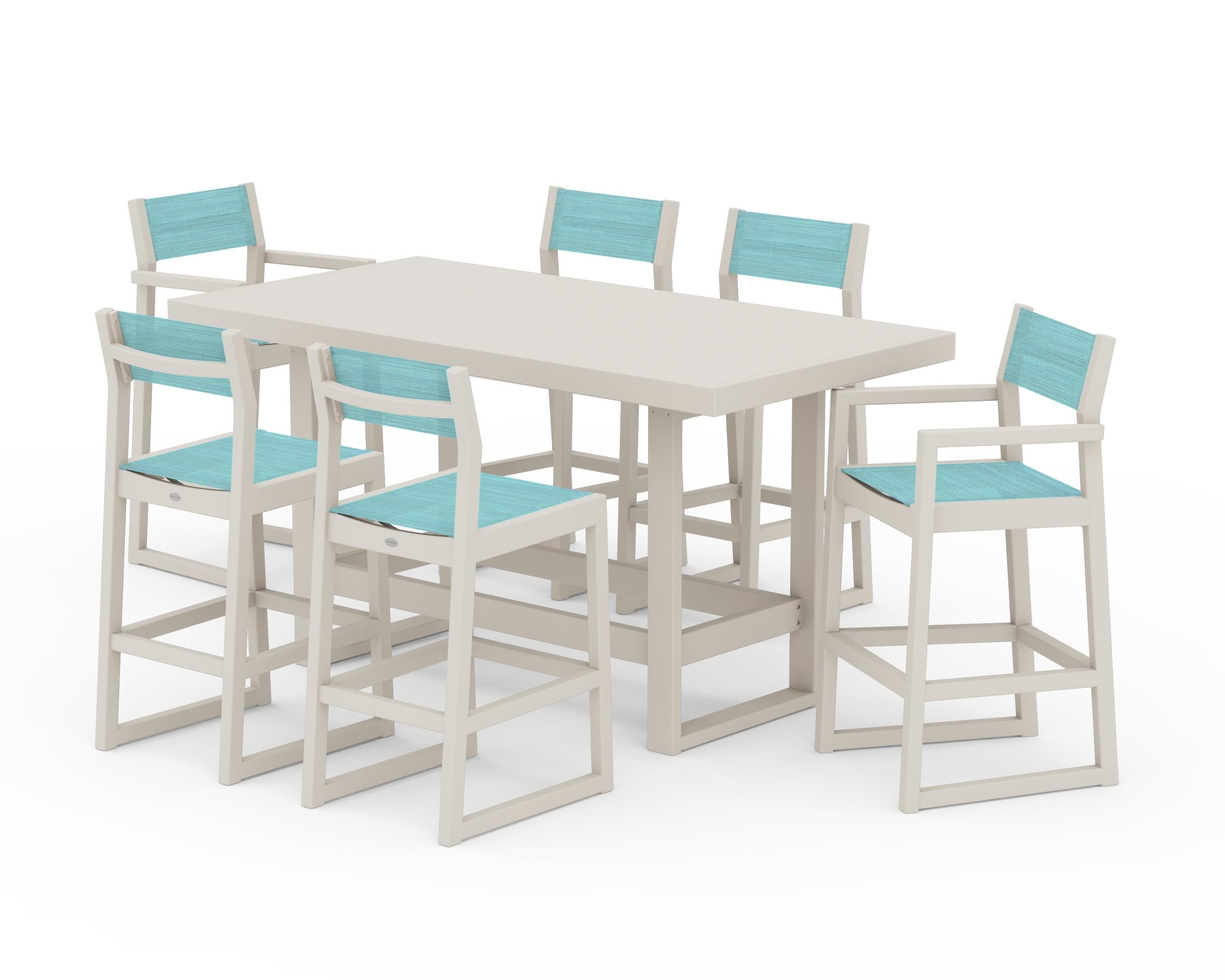 POLYWOOD® EDGE Sling 7-Piece Bar Table Set in Sand / Dupioni Aquamarine Sling