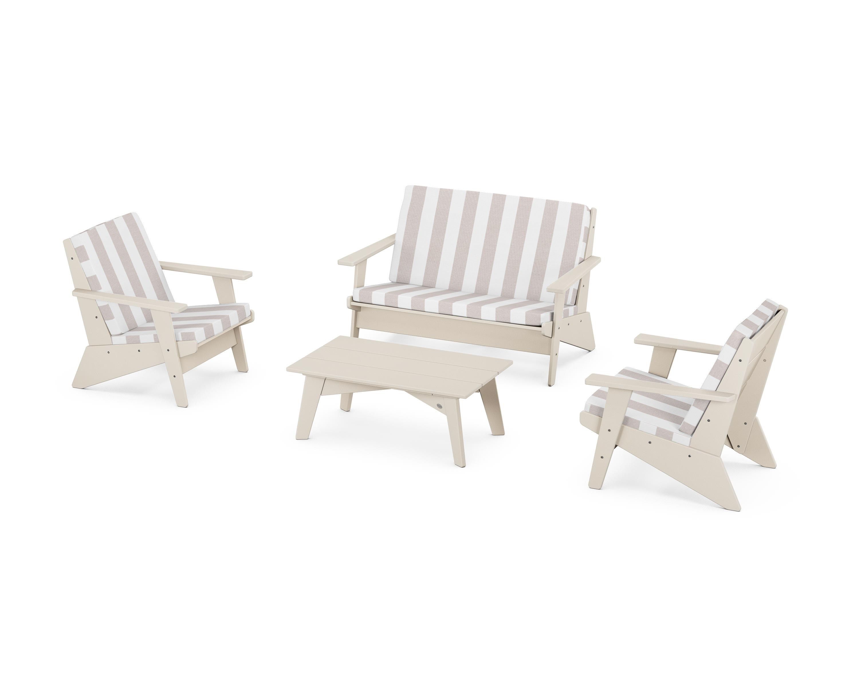 POLYWOOD® Riviera Modern Lounge 4-Piece Set in Sand / Cabana Stripe Dune Burlap