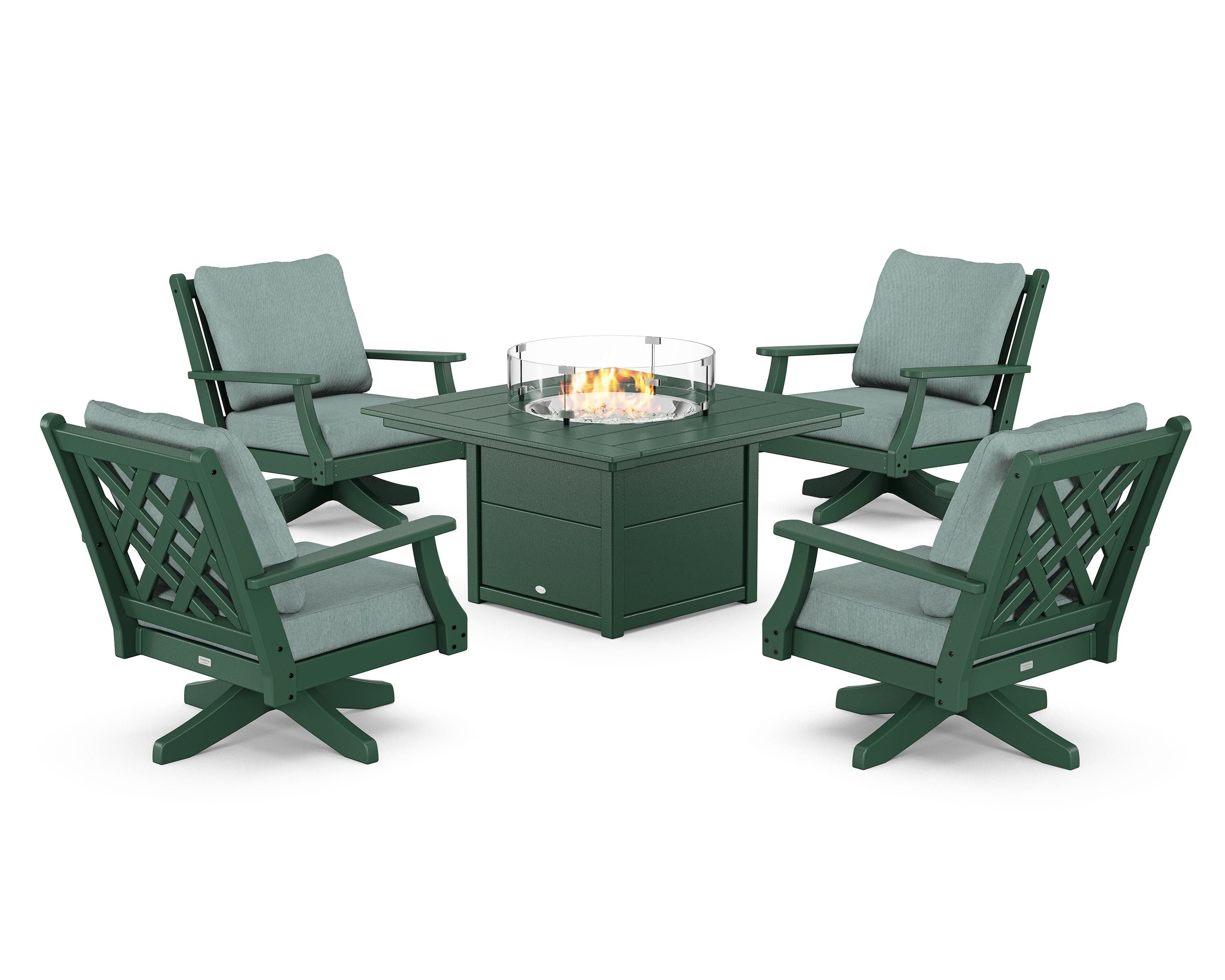Country Living Wovendale 5-Piece Deep Seating Swivel Conversation Set with Fire Pit Table in Green / Glacier Spa