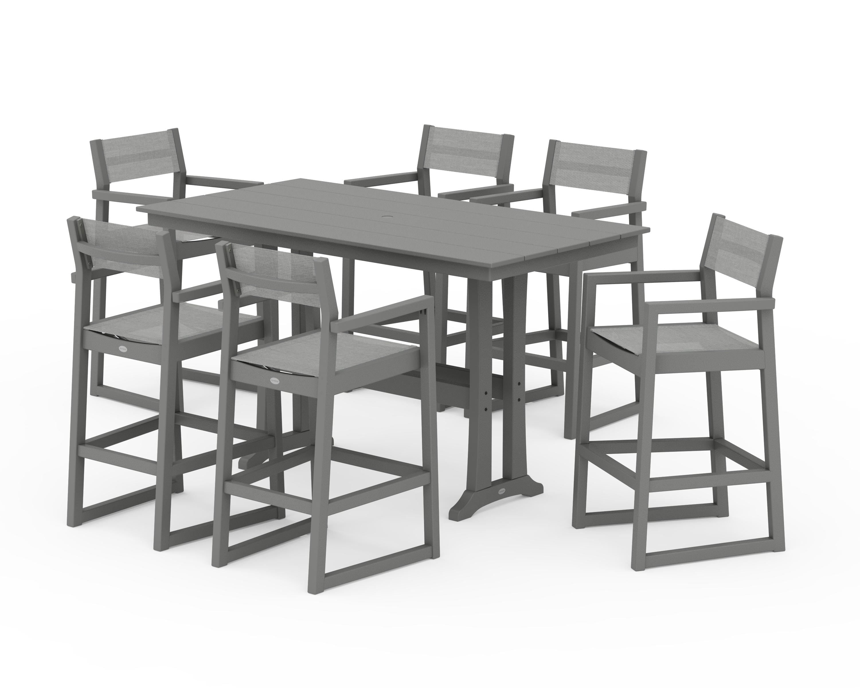 POLYWOOD® EDGE Sling Arm Chair 7-Piece Farmhouse Bar Set with Trestle Legs in Slate Grey / Metallic Sling