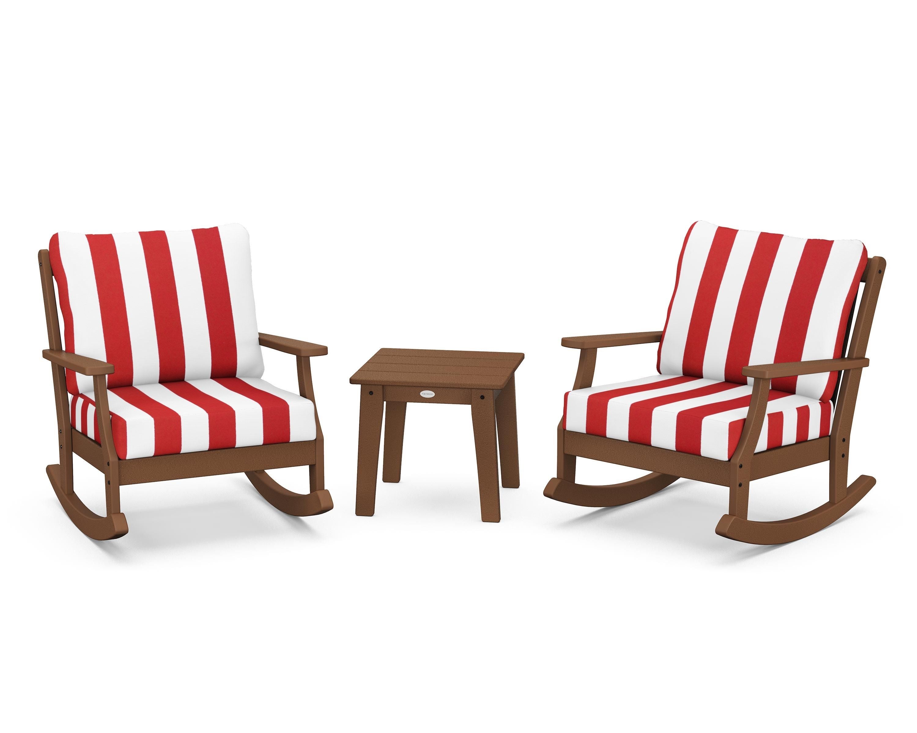 POLYWOOD® Braxton 3-Piece Deep Seating Rocker Set in Teak / Cabana Stripe Crimson