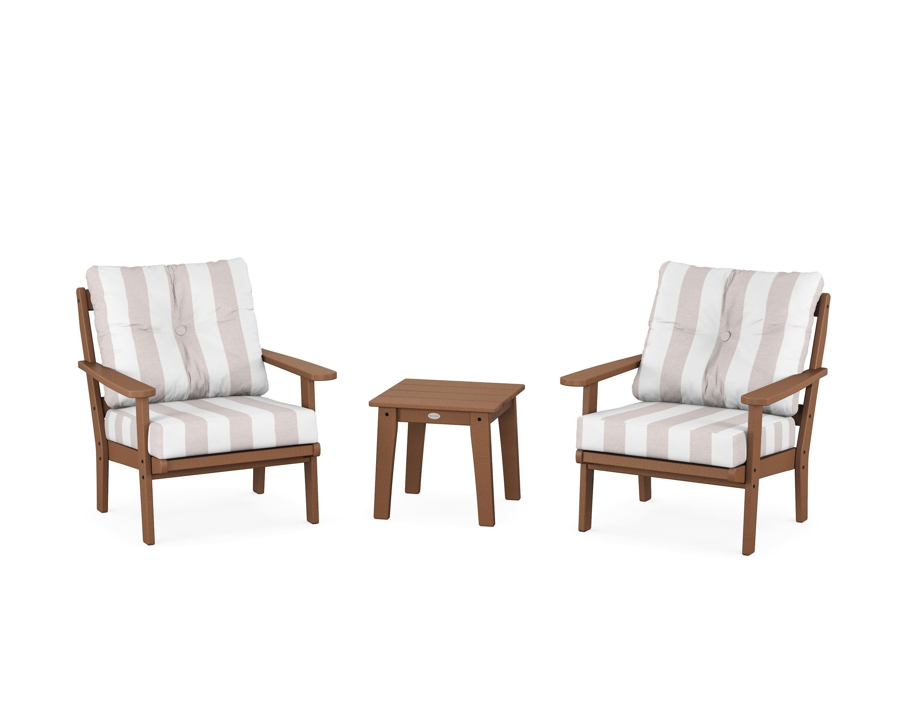 POLYWOOD® Mission 3-Piece Deep Seating Set in Teak / Cabana Stripe Dune Burlap