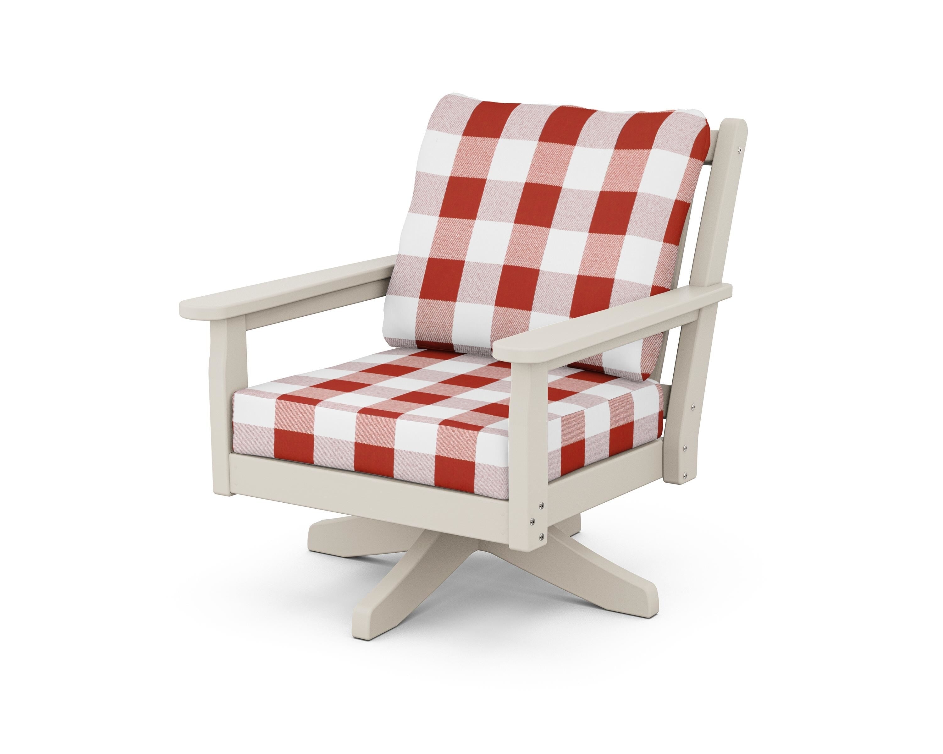 POLYWOOD® Chippendale Deep Seating Swivel Chair in Sand / Buffalo Plaid Crimson