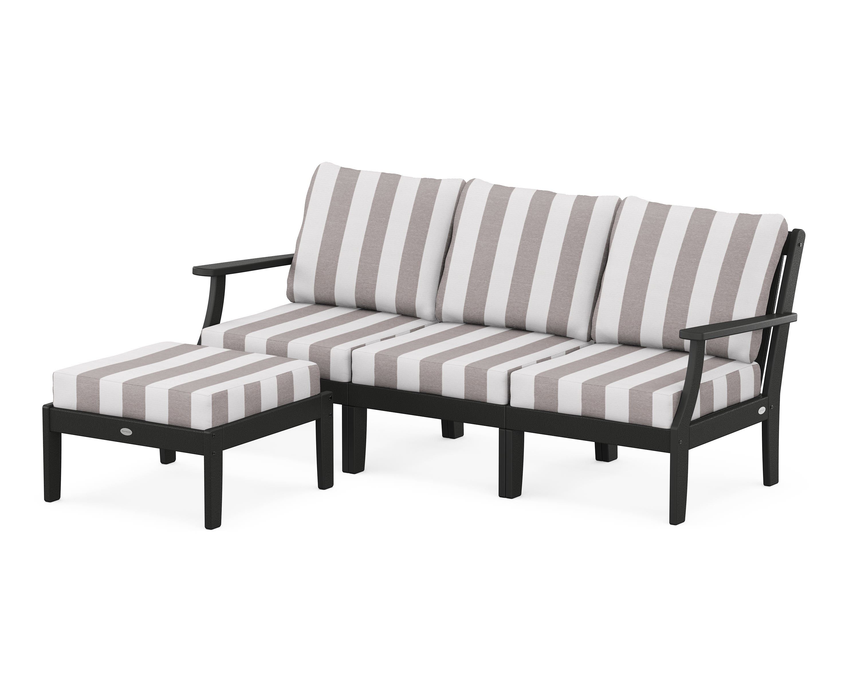 POLYWOOD® Braxton Modular 4-Piece Deep Seating Set with Ottoman in Black / Cabana Stripe Grey Mist