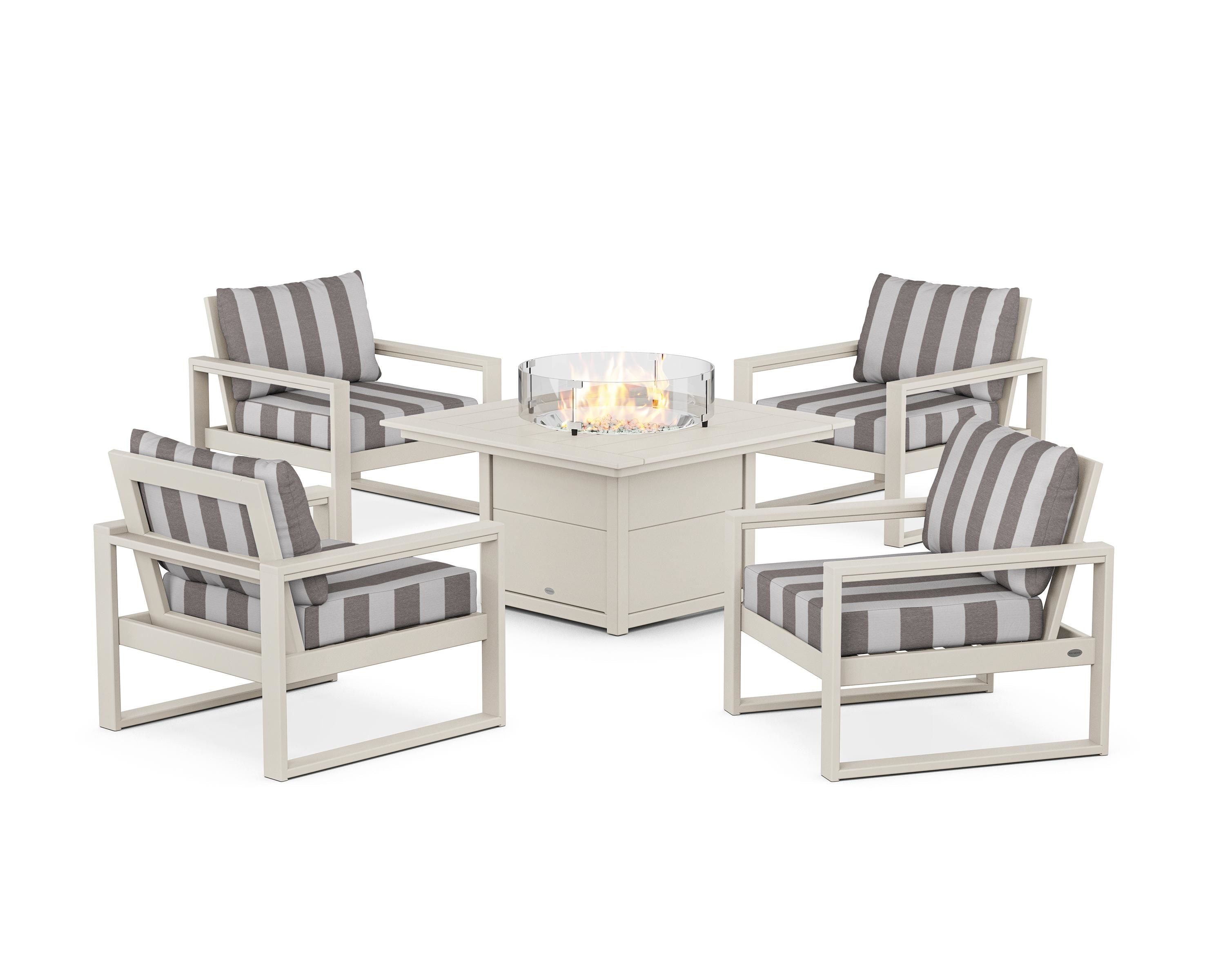POLYWOOD® EDGE Sectional 5-Piece Deep Seating Set with Fire Pit Table in Sand / Cabana Stripe Grey Mist