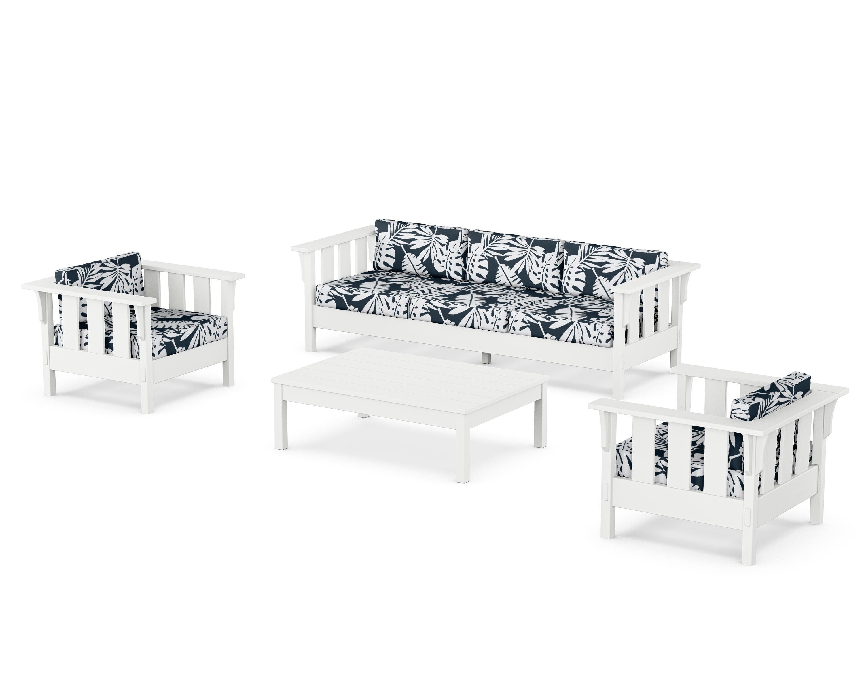 Martha Stewart by POLYWOOD® Acadia 4-Piece Deep Seating Set with Sofa in White / Leaf Marine Indigo