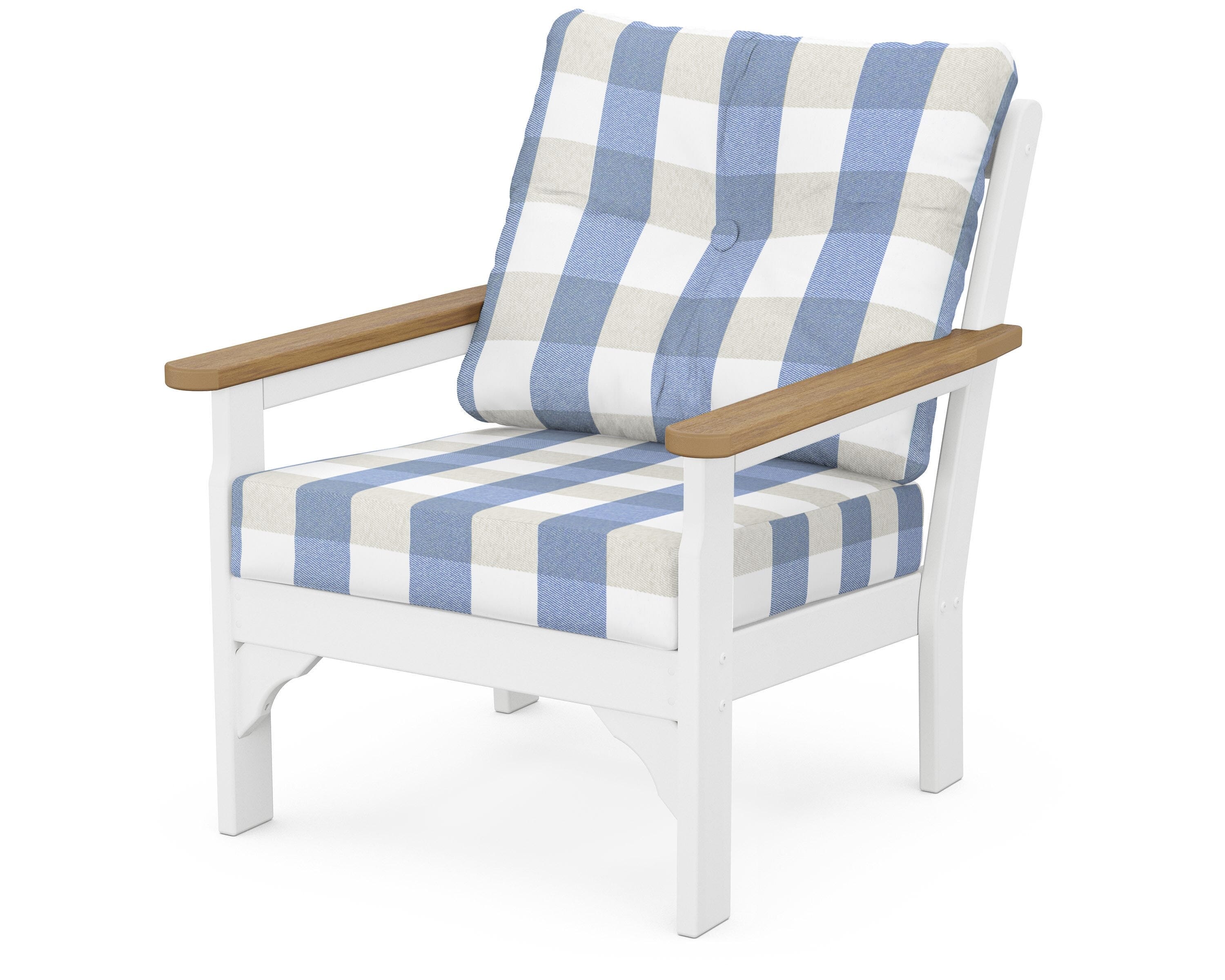 POLYWOOD® Vineyard Deep Seating Chair in White / Natural / Buffalo Plaid Sky Blue