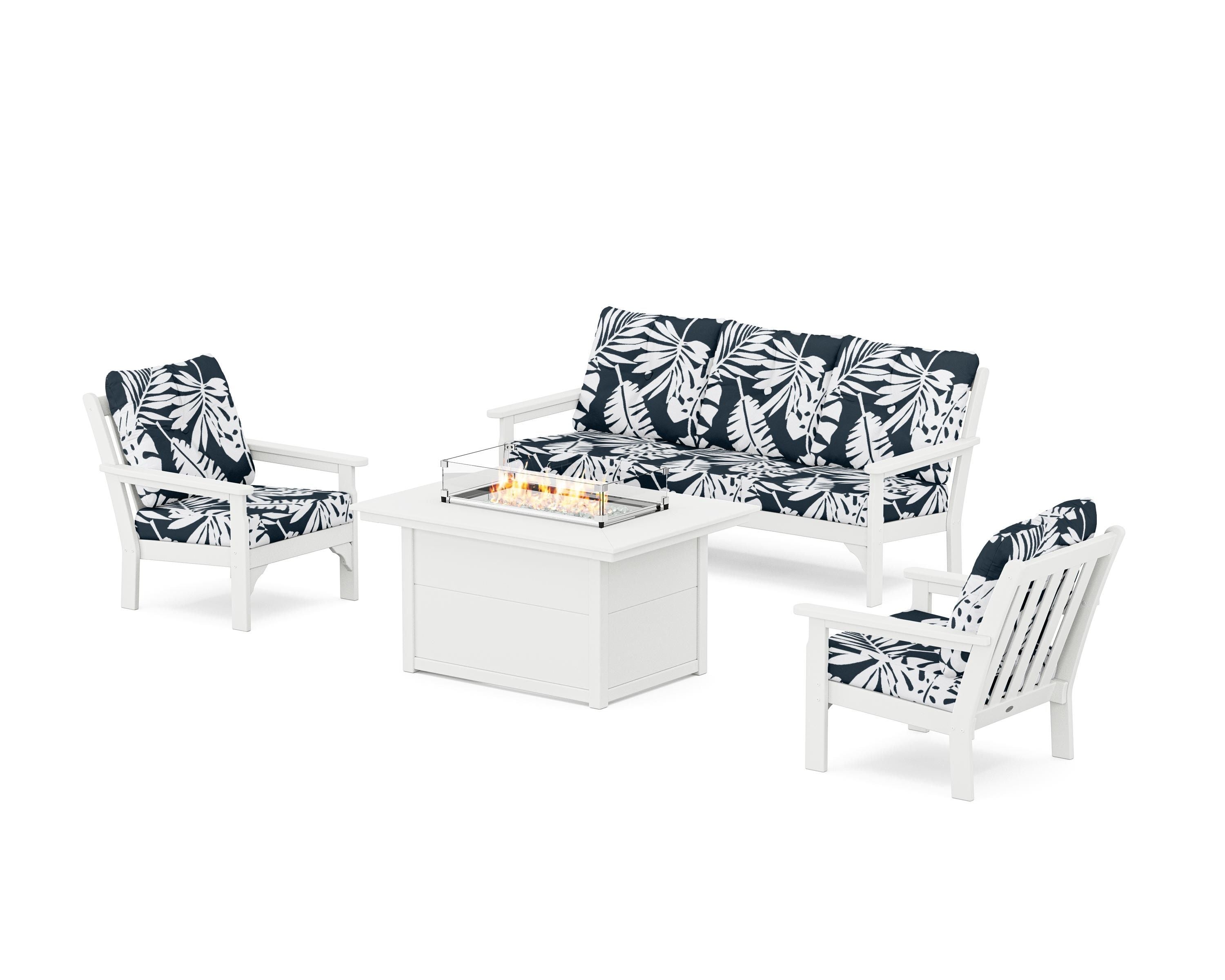 POLYWOOD® Vineyard Deep Seating Fire Pit Table Set in White / Leaf Marine Indigo