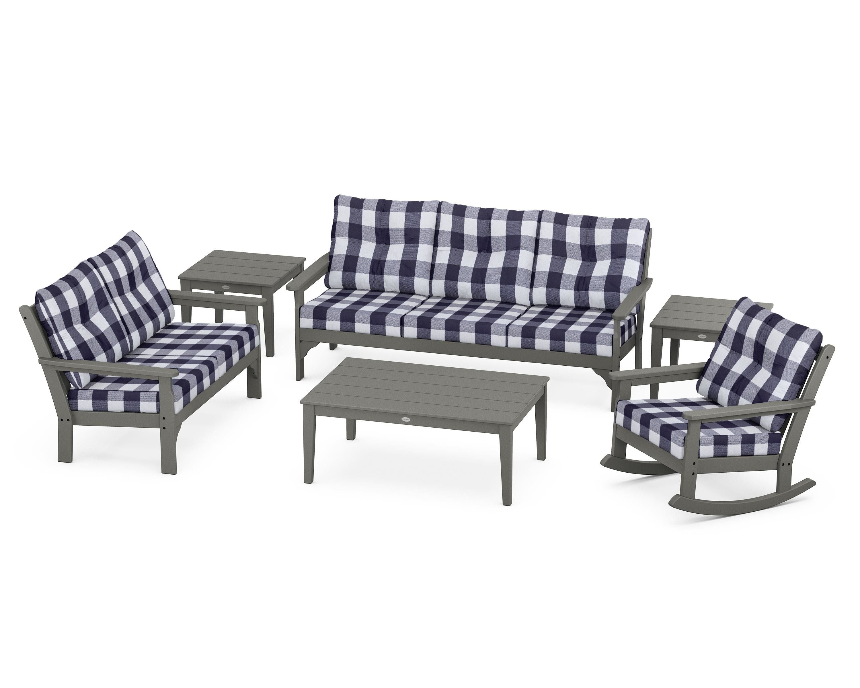 POLYWOOD® Vineyard 6-Piece Deep Seating Set in Slate Grey / Buffalo Plaid Navy