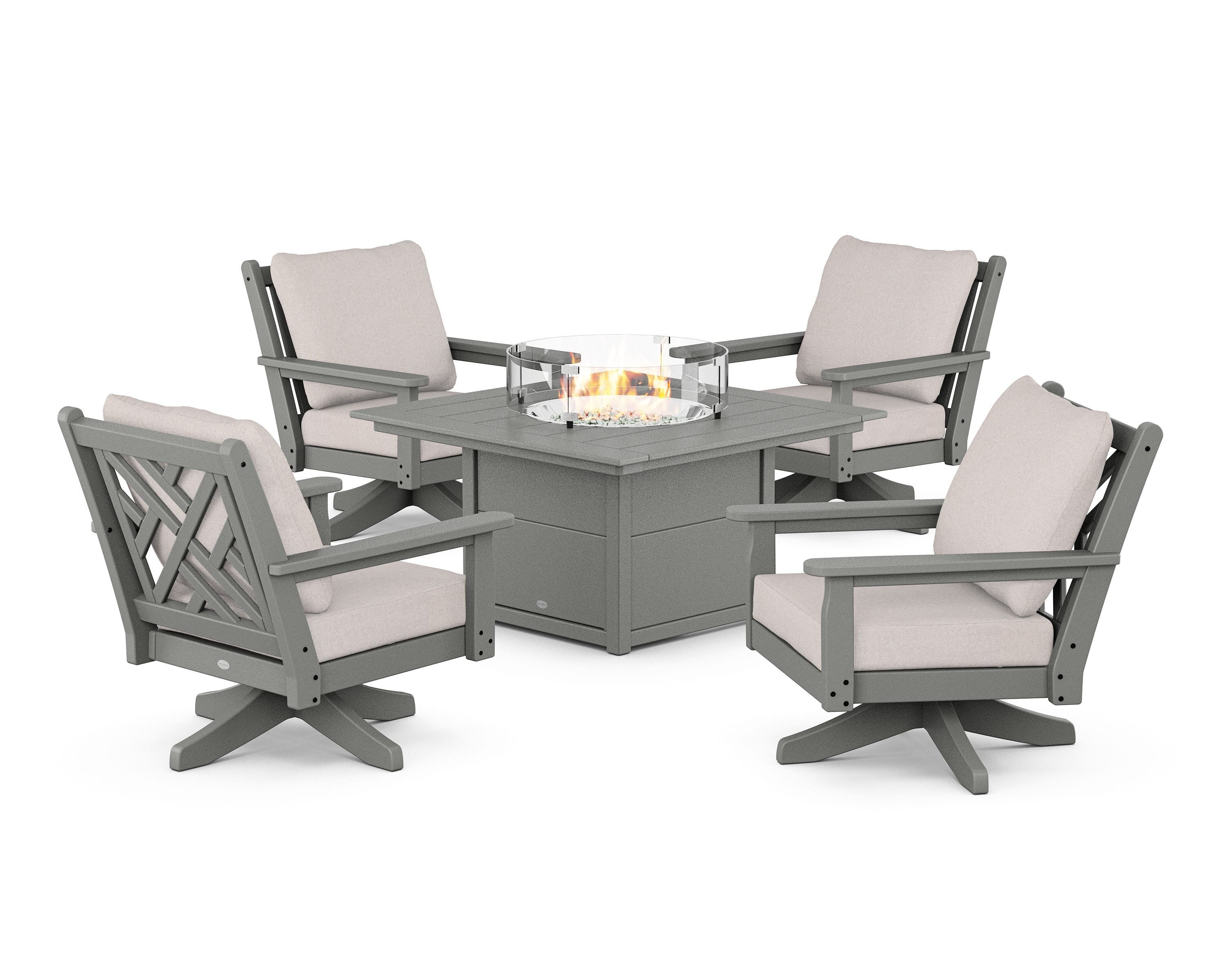 POLYWOOD® Chippendale 5-Piece Deep Seating Swivel Conversation Set with Fire Pit Table in Slate Grey / Dune Burlap