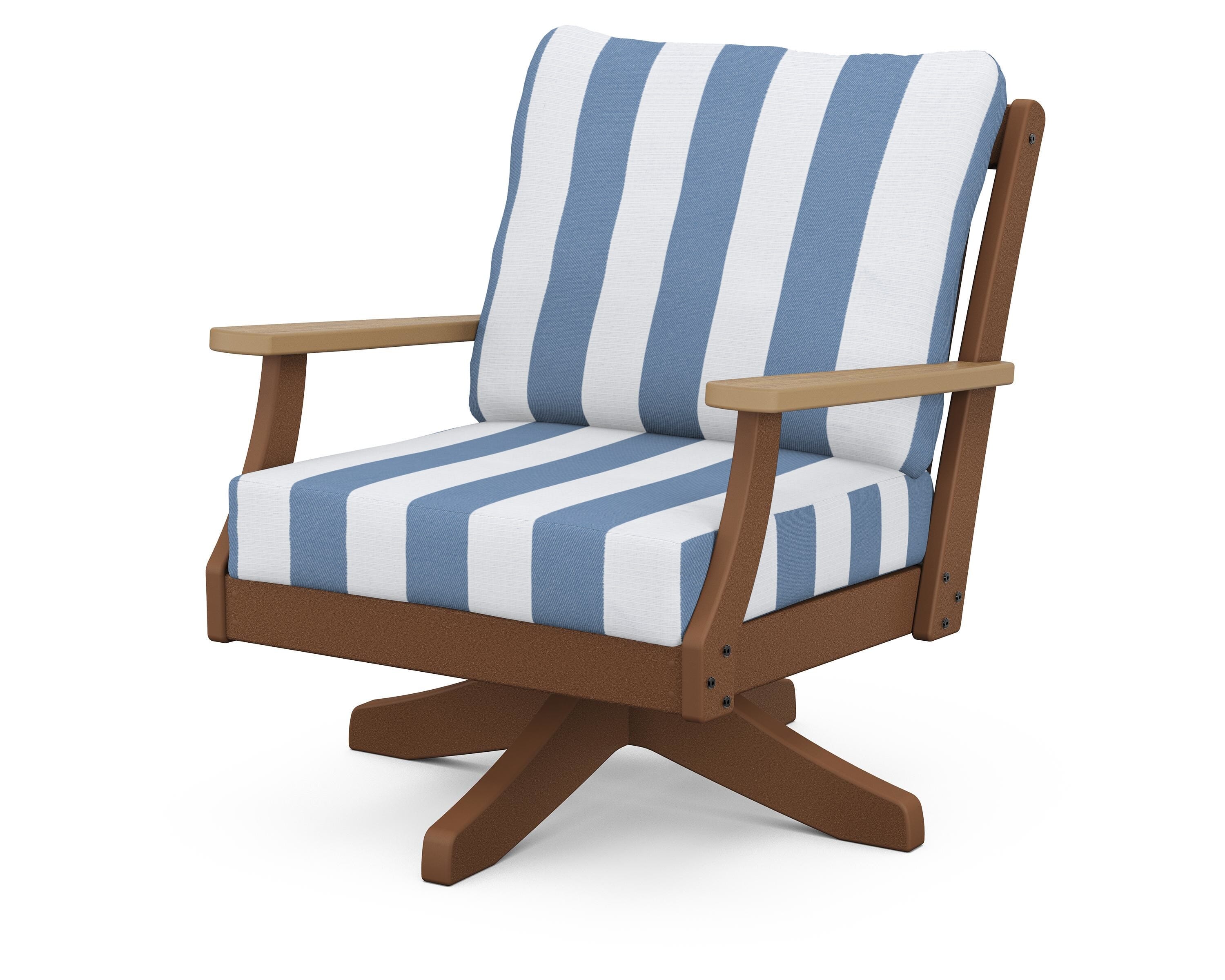 POLYWOOD® Braxton Deep Seating Swivel Chair in Teak / Natural / Cabana Stripe Sky Blue