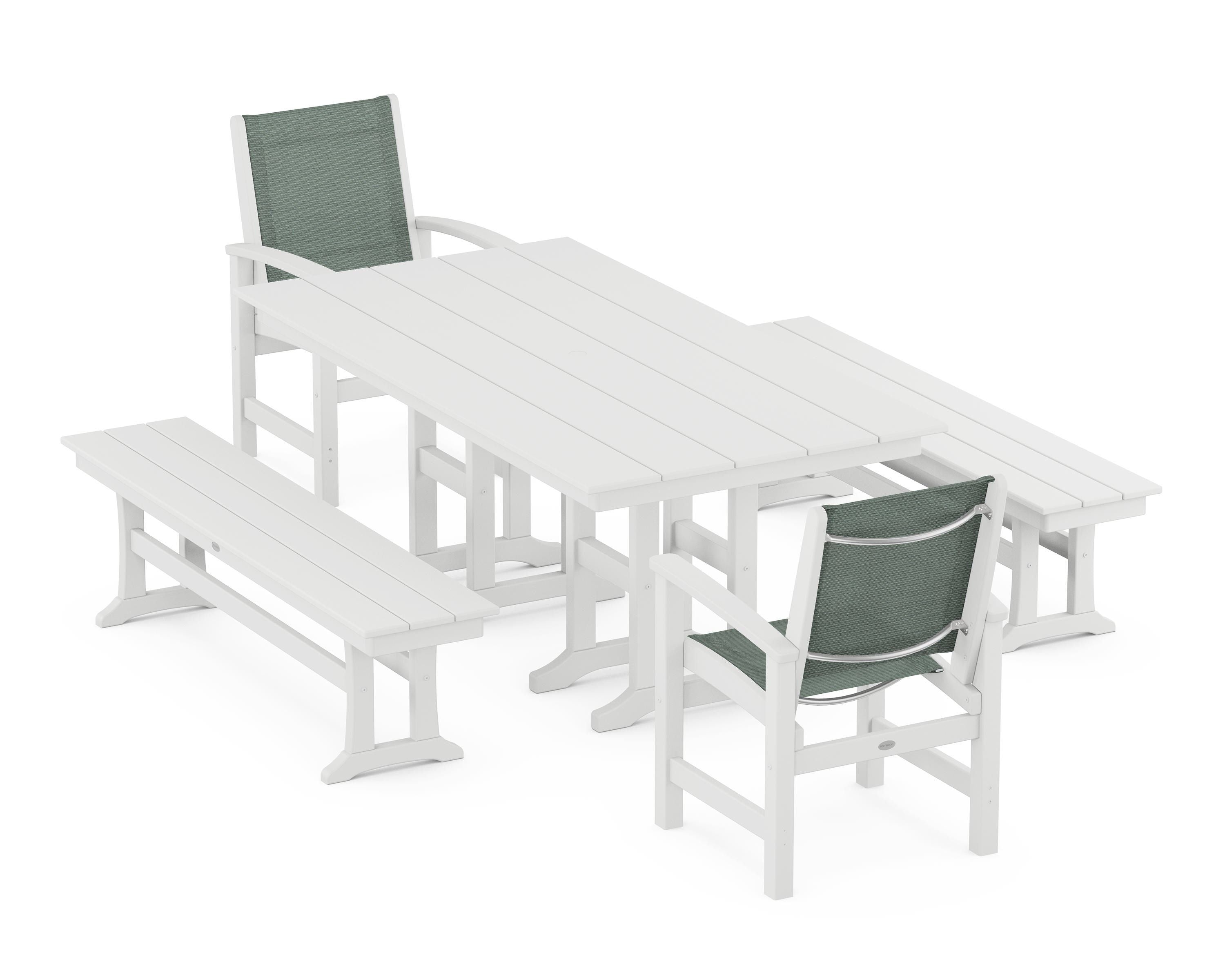 POLYWOOD® Coastal 5-Piece Farmhouse Dining Set in White / Dupioni Sea Mist Sling