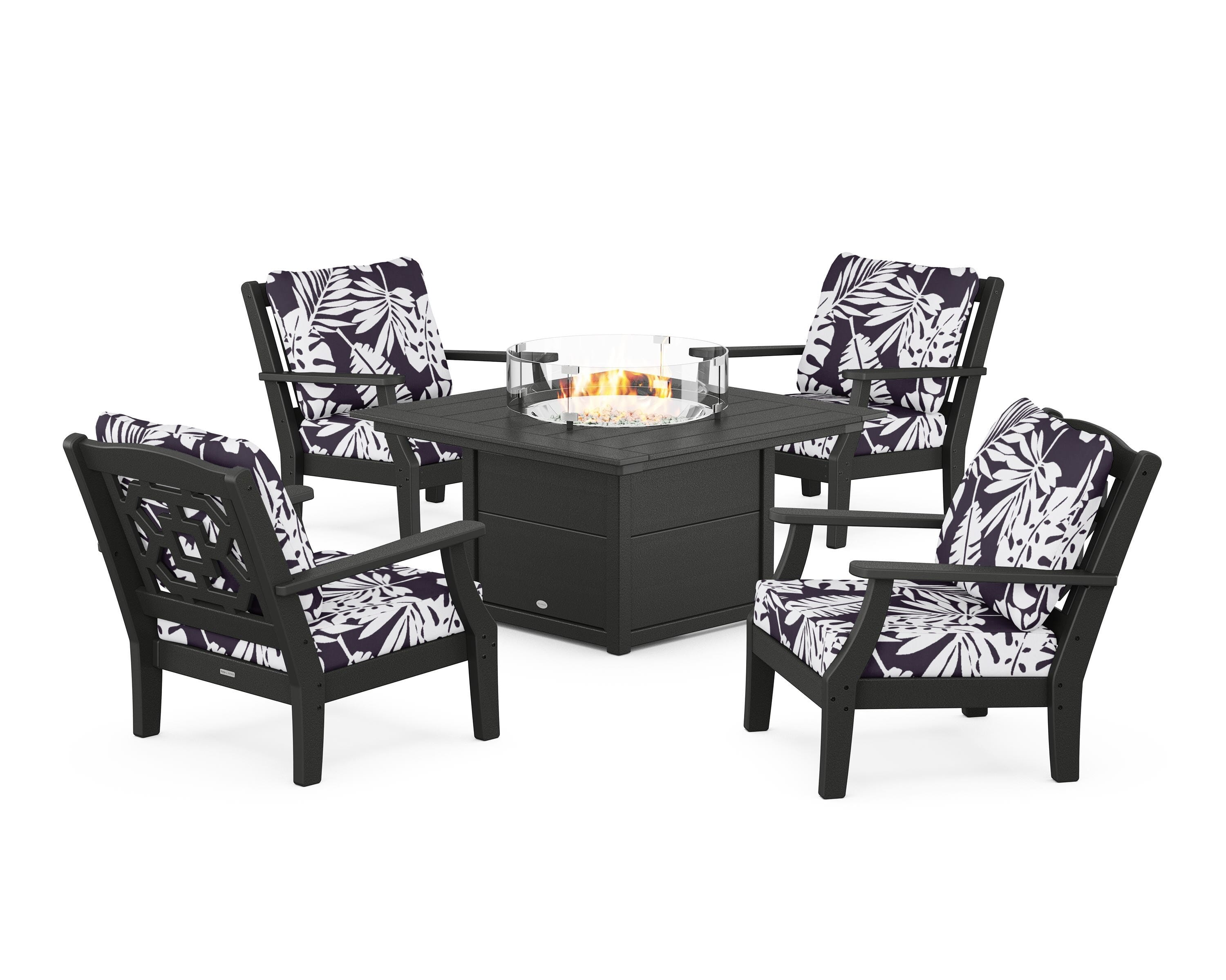 Martha Stewart by POLYWOOD® Chinoiserie 5-Piece Deep Seating Set with Fire Pit Table in Black / Leaf Navy