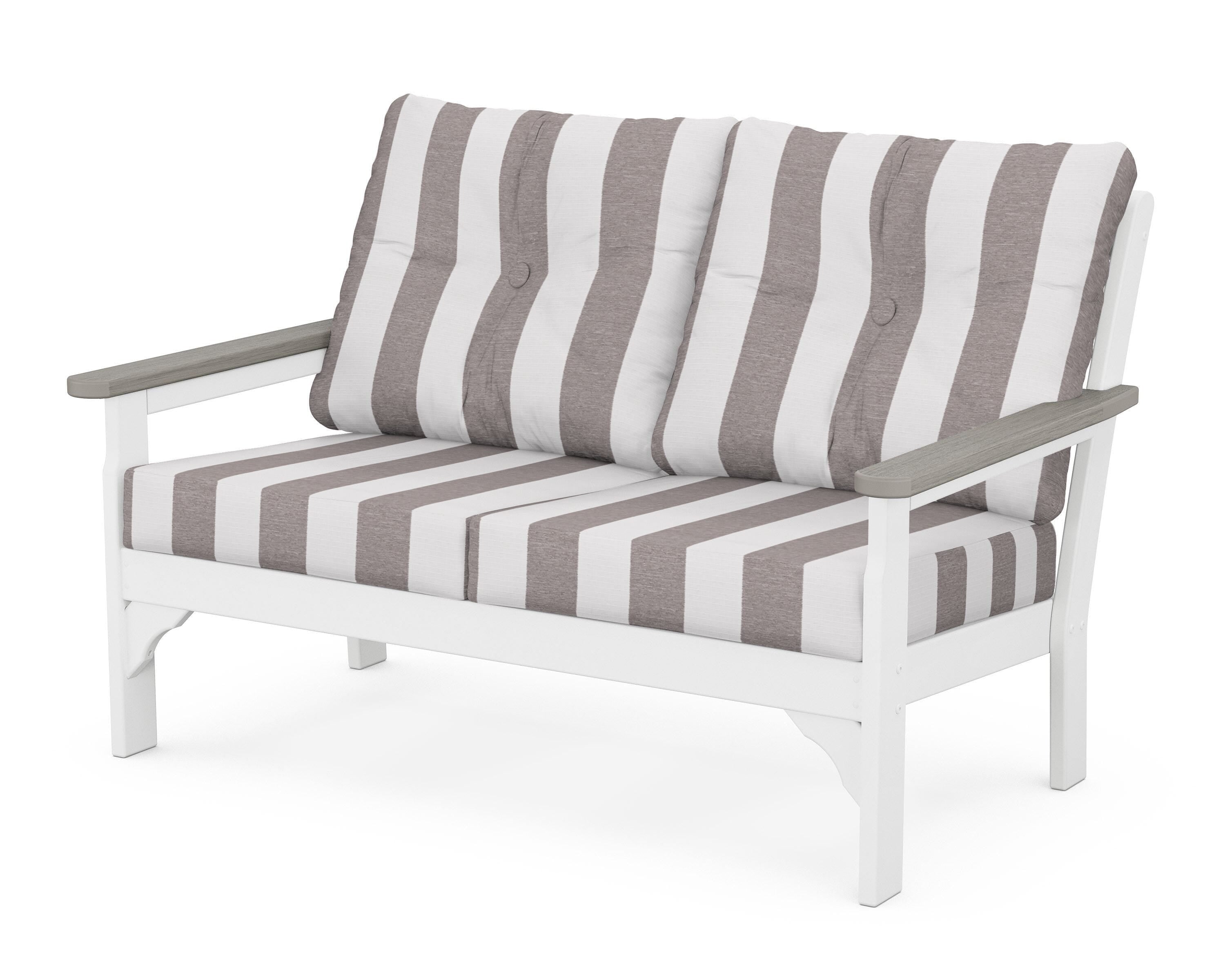 POLYWOOD® Vineyard Deep Seating Loveseat in White / Driftwood / Cabana Stripe Grey Mist
