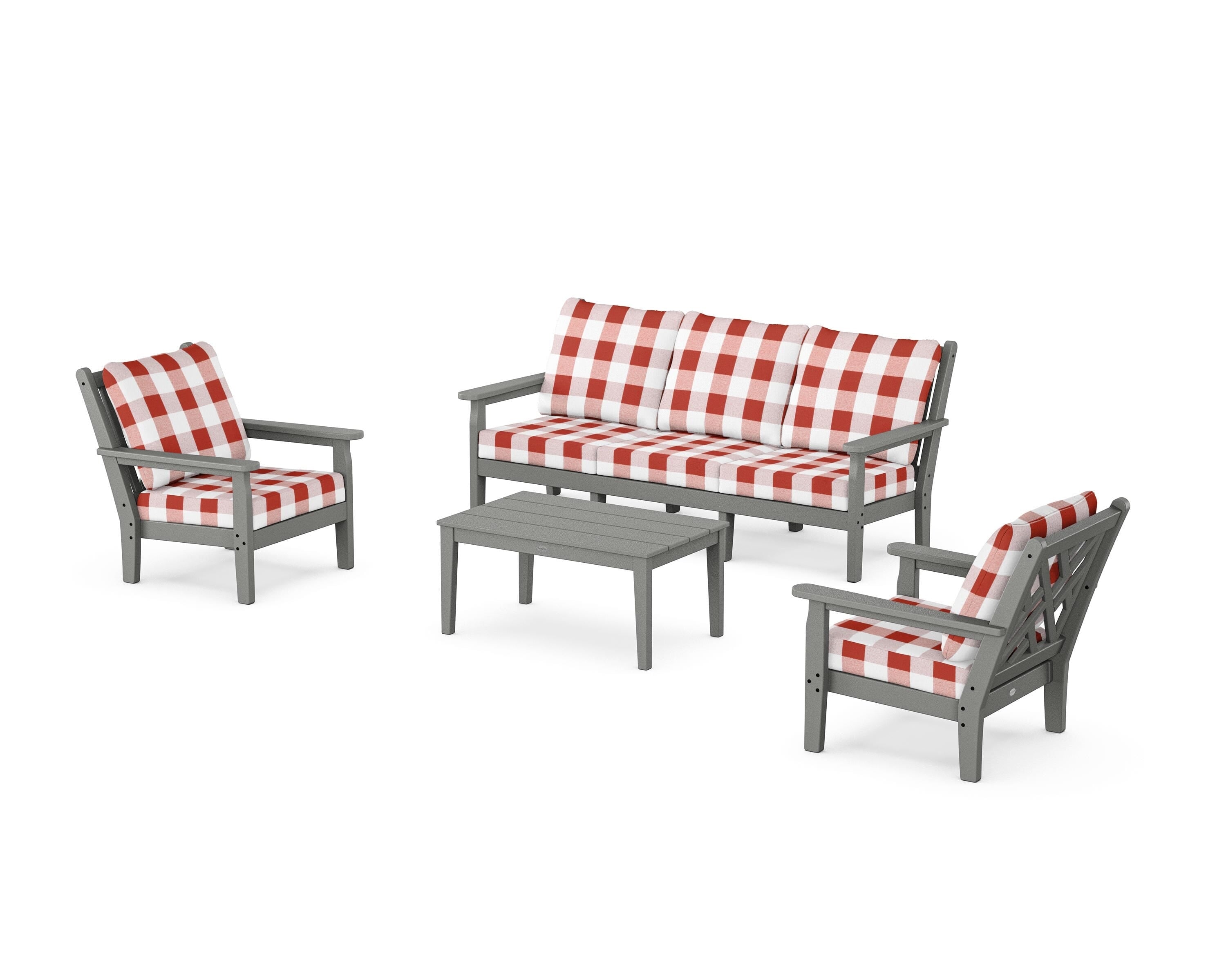 POLYWOOD® Chippendale 4-Piece Deep Seating Set with Sofa in Slate Grey / Buffalo Plaid Crimson