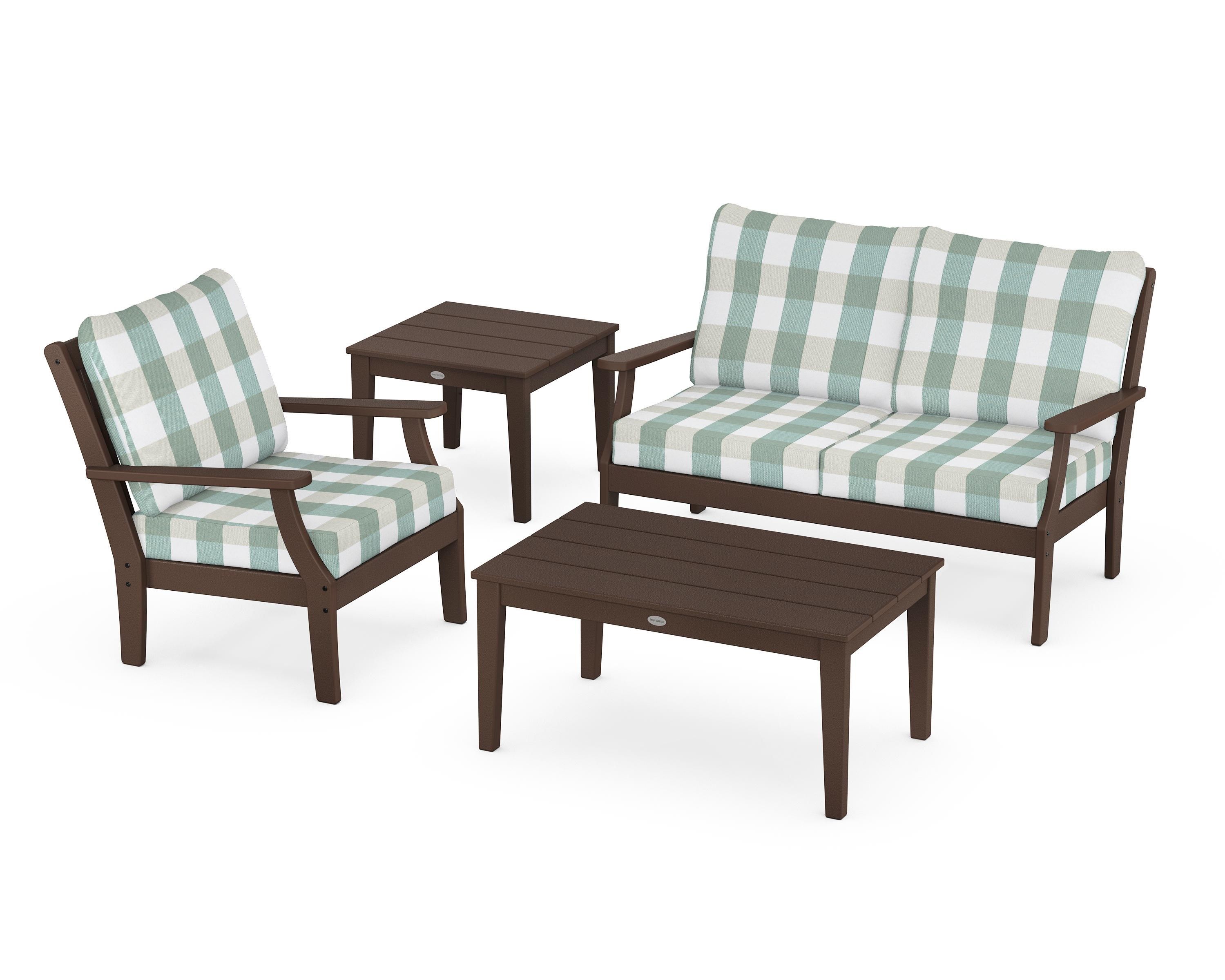 POLYWOOD® Braxton 4-Piece Deep Seating Set in Mahogany / Buffalo Plaid Glacier Spa