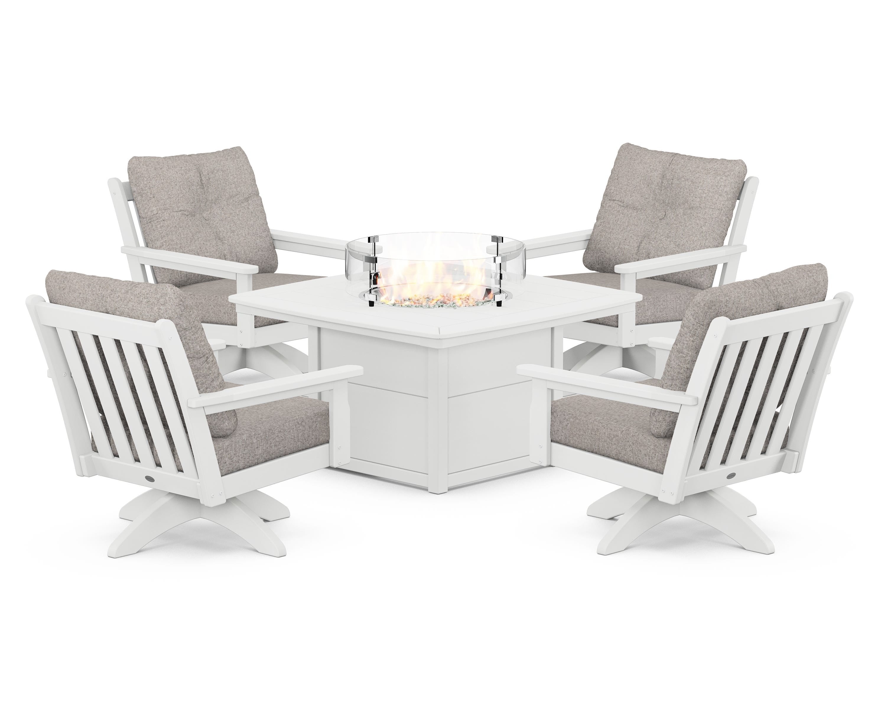 POLYWOOD® Vineyard 5-Piece Deep Seating Swivel Conversation Set with Fire Pit Table in White / Weathered Tweed