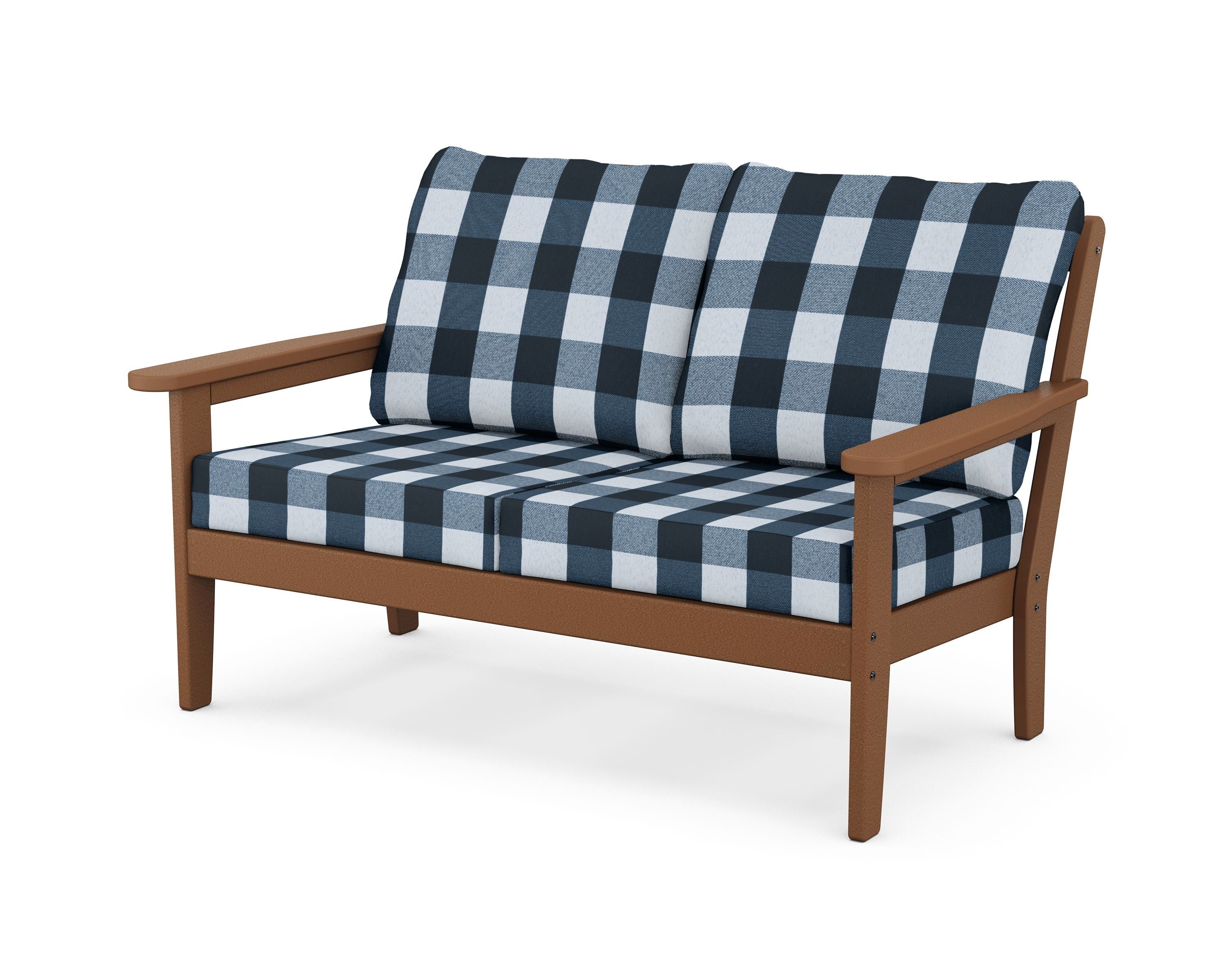 Country Living Cottage Deep Seating Loveseat in Teak / Buffalo Plaid Marine Indigo