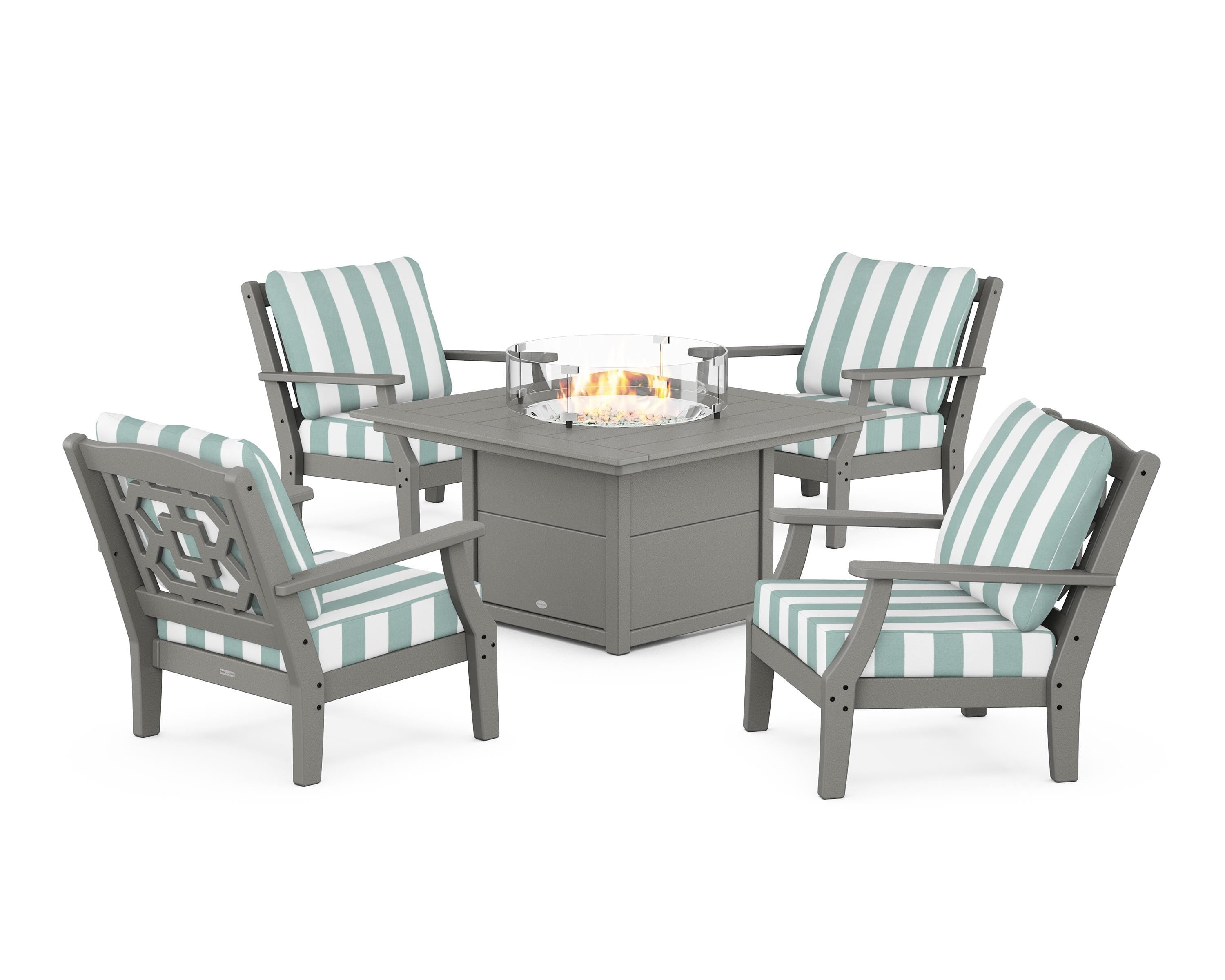 Martha Stewart by POLYWOOD® Chinoiserie 5-Piece Deep Seating Set with Fire Pit Table in Slate Grey / Cabana Stripe Glacier Spa