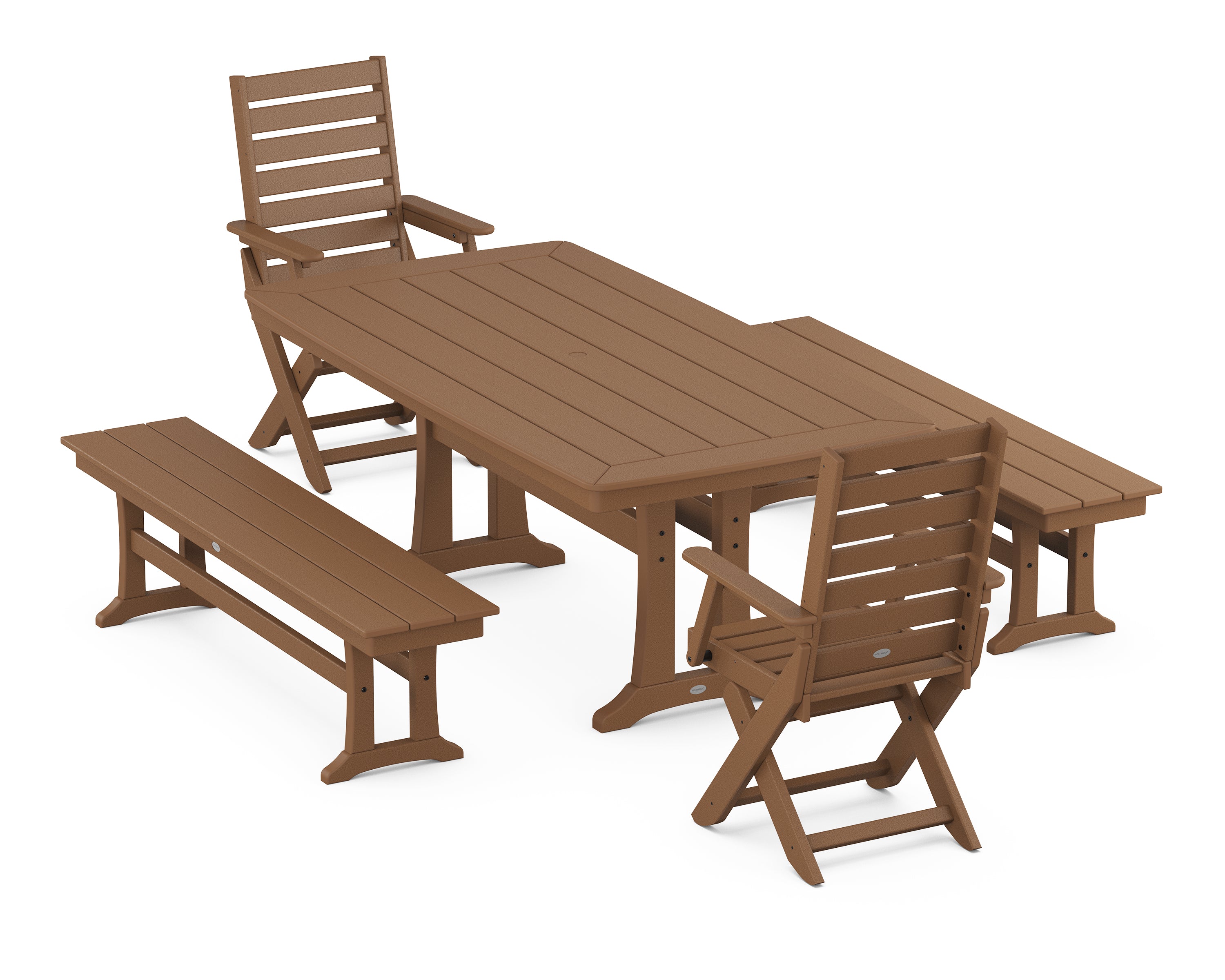 POLYWOOD® Captain Folding Chair 5-Piece Dining Set with Trestle Legs in Teak