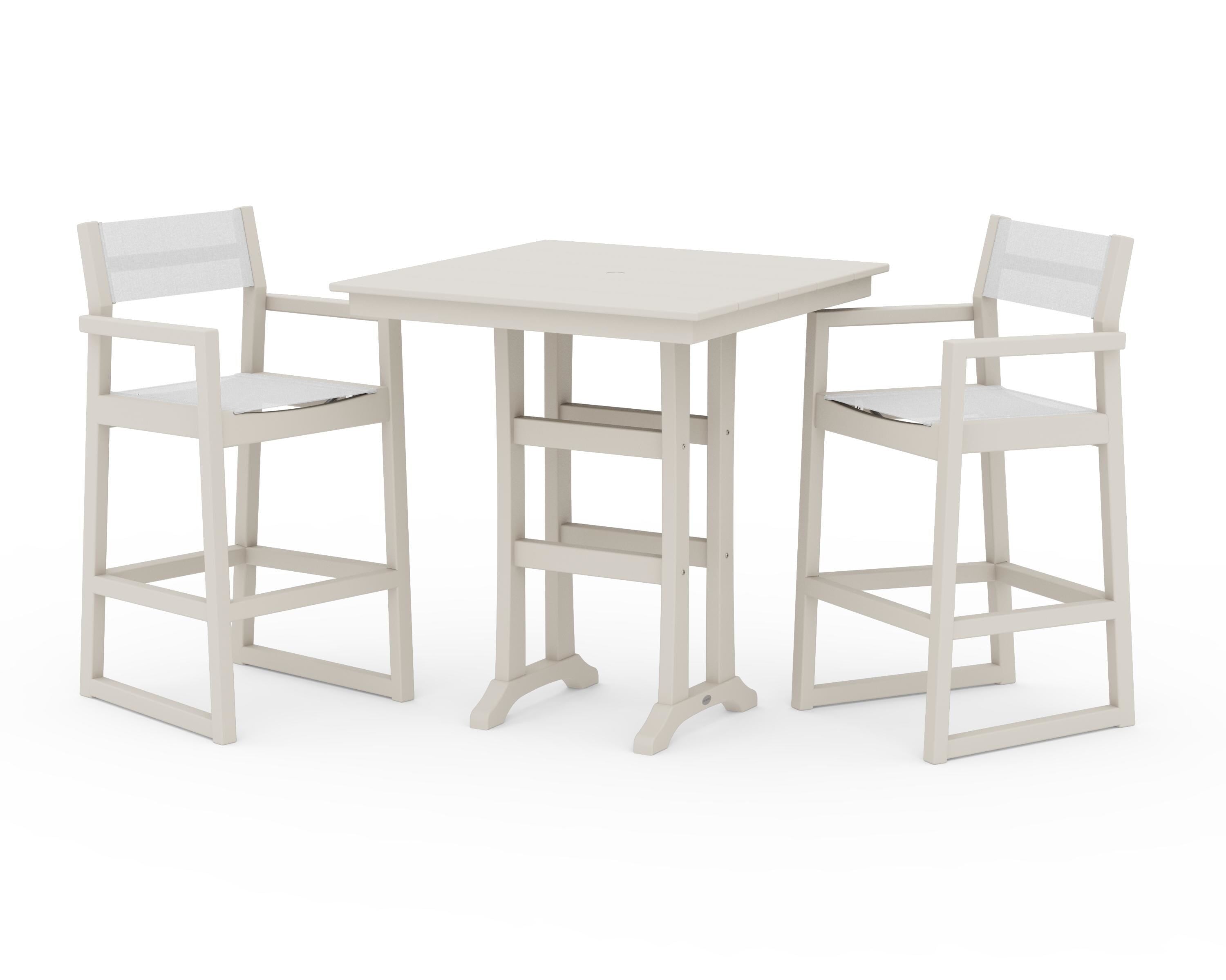POLYWOOD® EDGE Sling Arm Chair 3-Piece Farmhouse Bar Set with Trestle Legs in Sand / White Sling