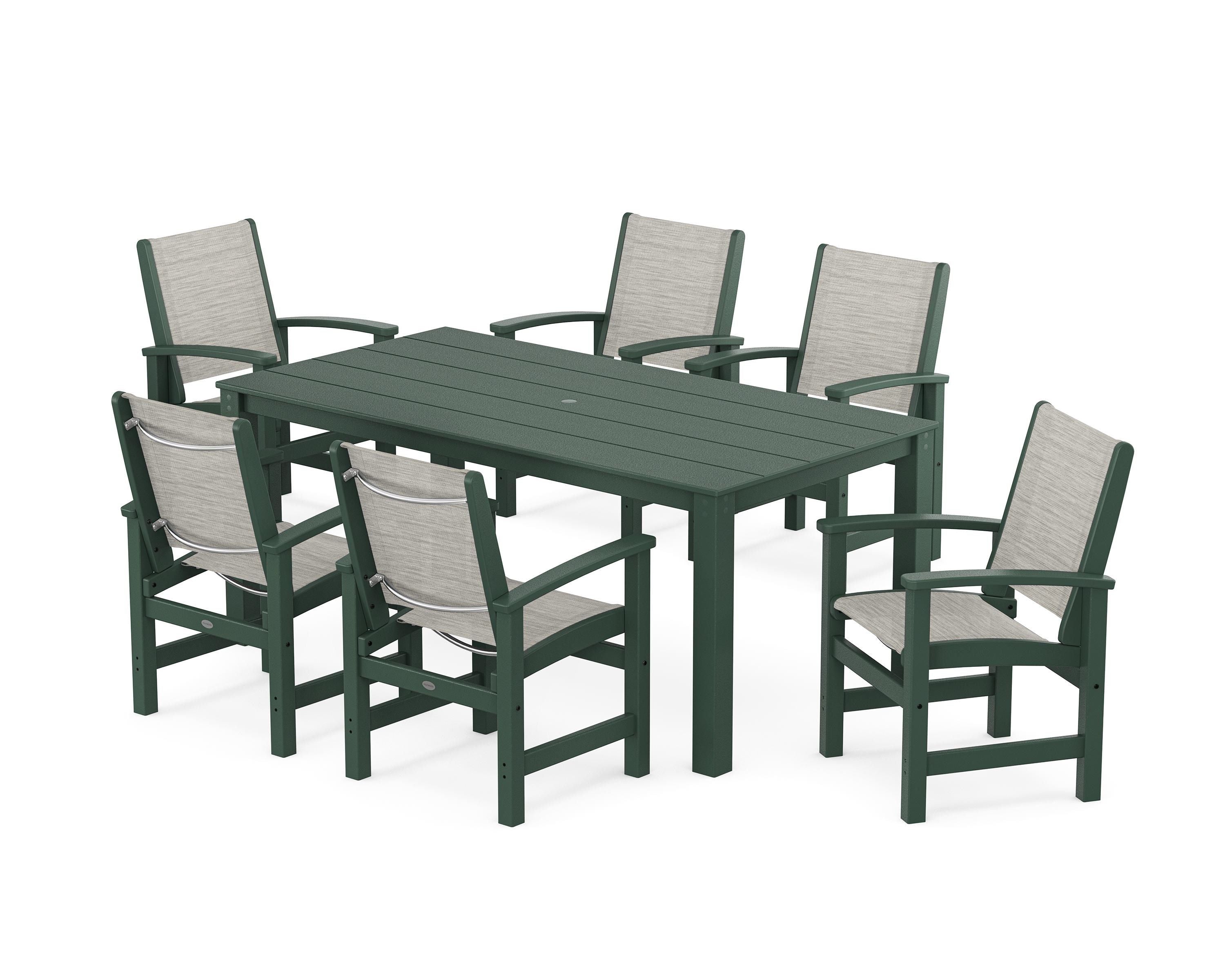 POLYWOOD® Coastal 7-Piece Parsons Dining Set in Green / Birch Sling