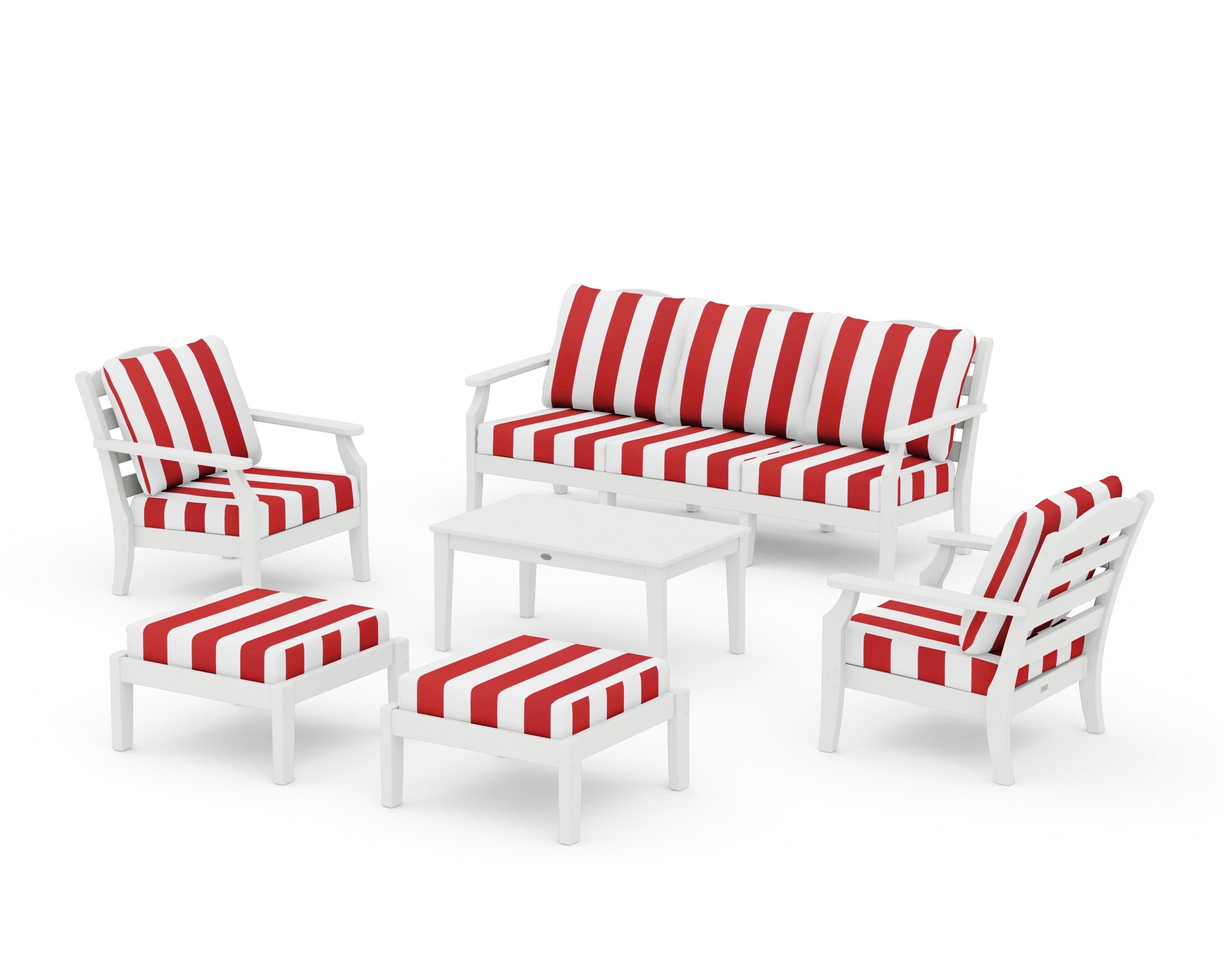 Draper James™ by POLYWOOD® Savannah 6-Piece Lounge Sofa Set in White / Cabana Stripe Crimson