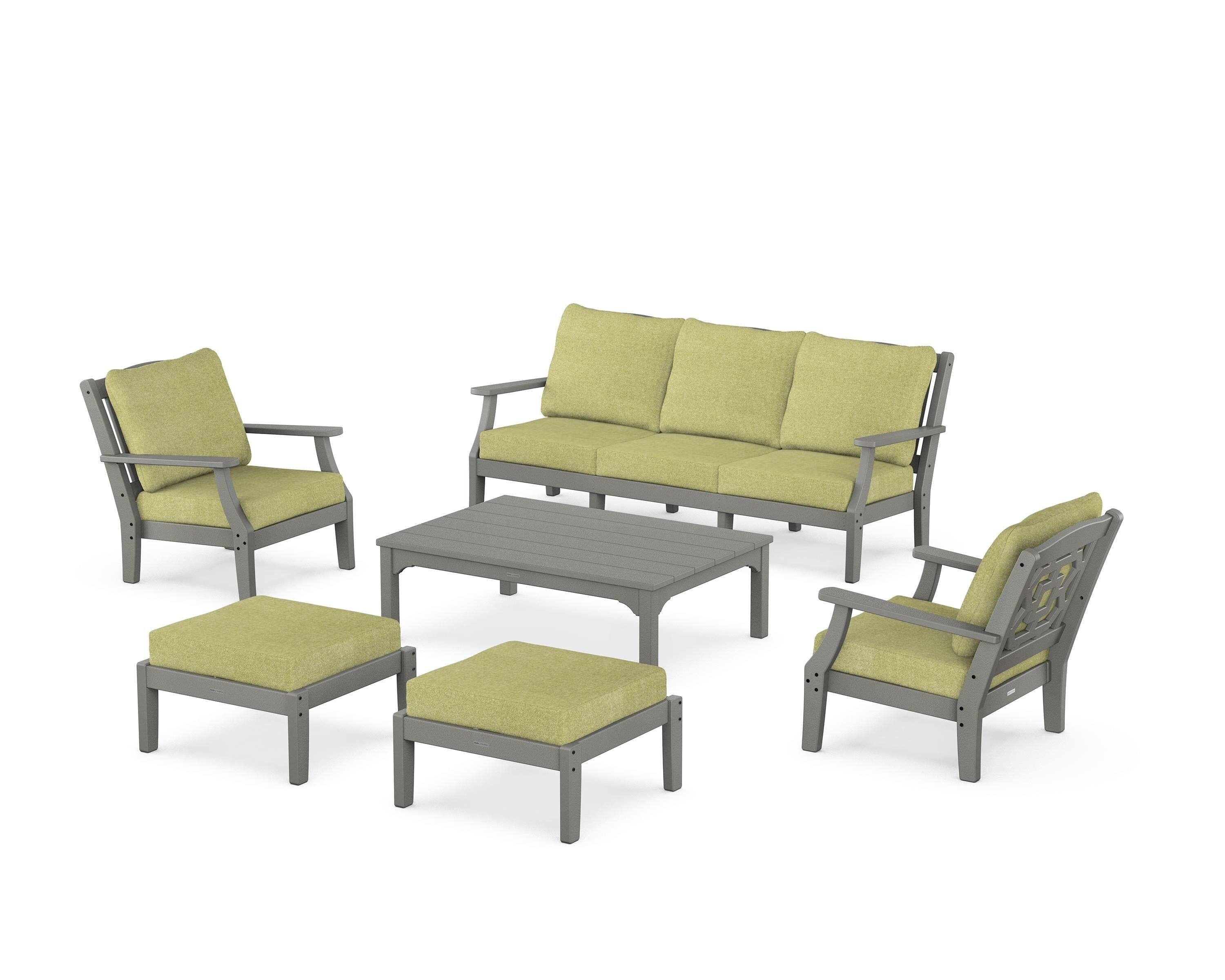 Martha Stewart by POLYWOOD® Chinoiserie 6-Piece Lounge Sofa Set in Slate Grey / Chartreuse Boucle