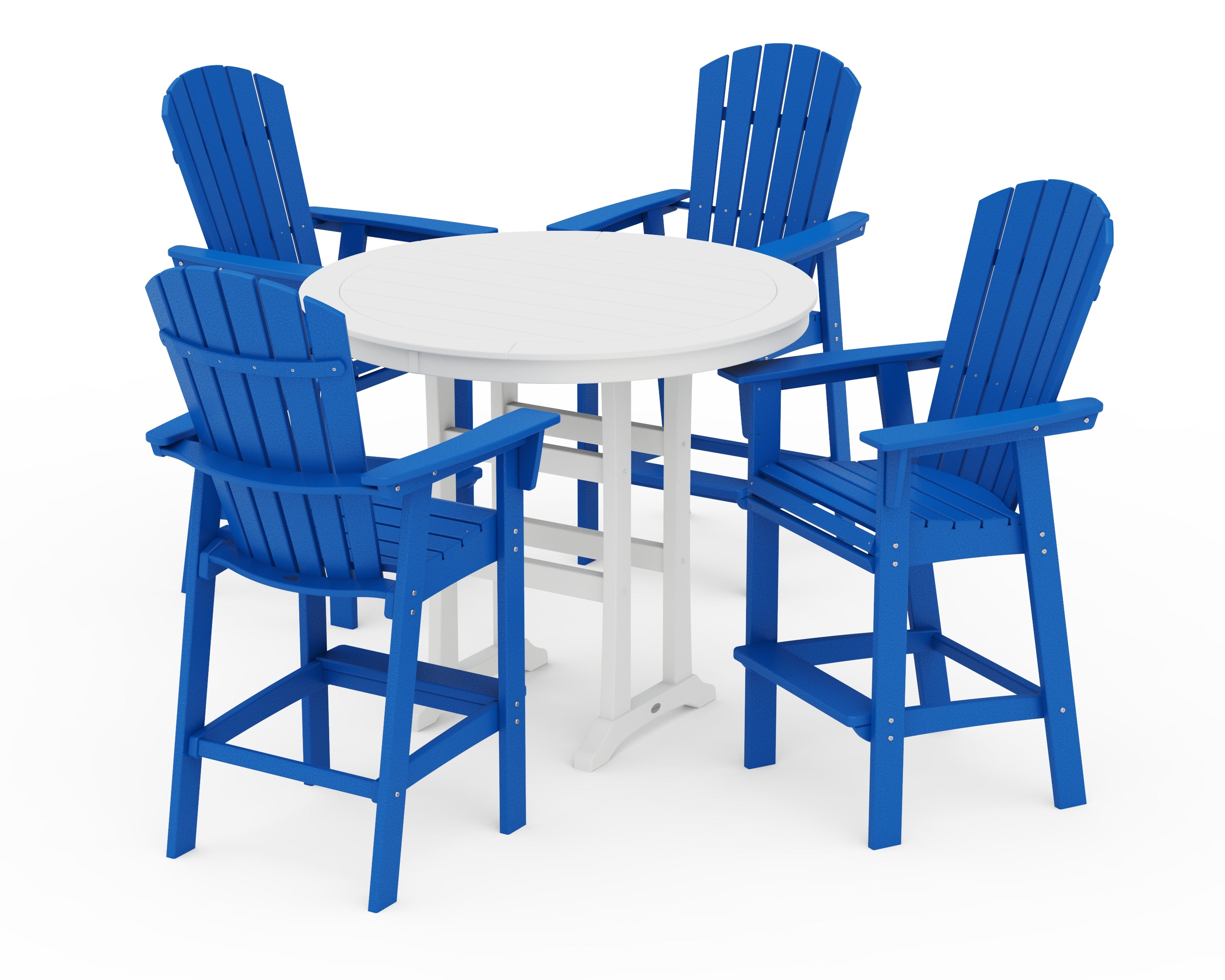 POLYWOOD® Nautical Curveback Adirondack 5-Piece Round Trestle Bar Set in Pacific Blue / White